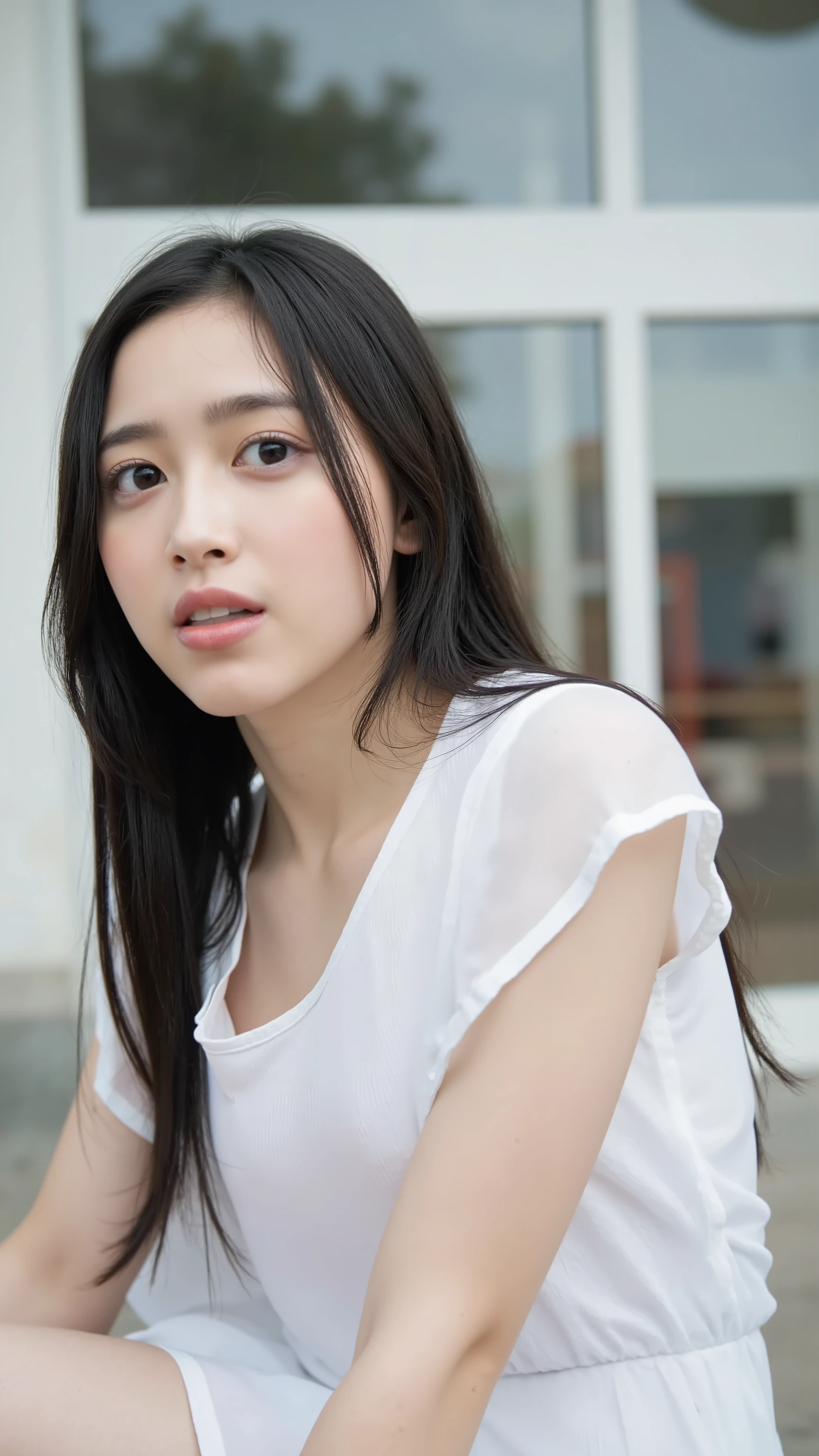 The high resolution photograph of a Japanese young female idol, intricate details, extremely detailed, sharp focus, solo, 1girl, straight long middle parted black hair, pale skin, detailed face, detailed eyes, sophisticated nose, small breasts, (standing leaning forward, revealing blouse, downblouse, looking up at the viewer, open mouth, white cum in mouth:1.2), outdoors,