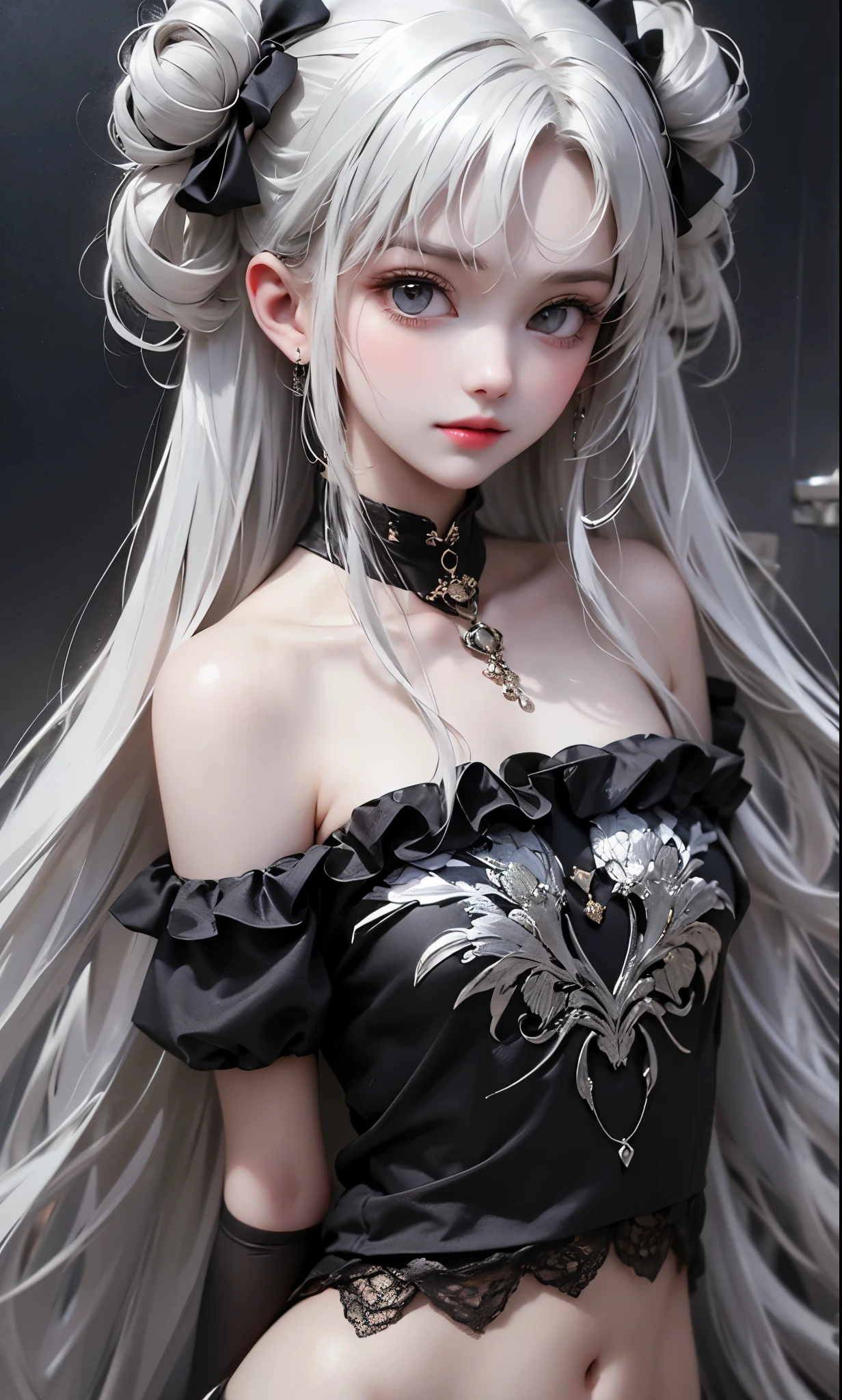 black and white color scheme, sexy girl , , small,Silvery Curly Hair、portrait、