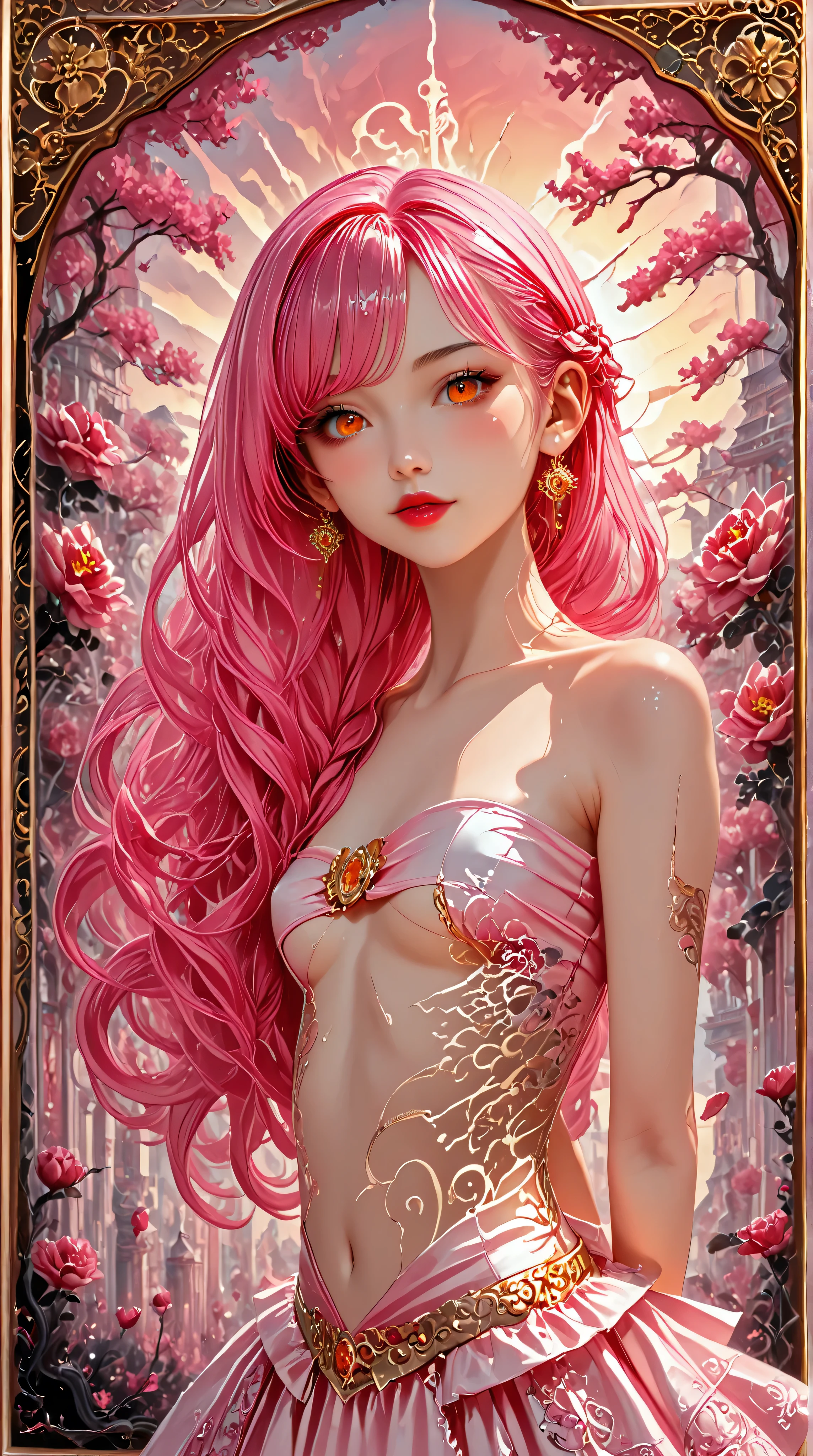 (best quality, highres), portrait, upper body, young cool type girl, long hair, swept-side bangs, pink hair, orange eyes, small breasts, ultra detailed cg, hyperrealistic and photorealistic style, detailed skin texture and coloring, (underboob), tube top, red lips, surreal, art nouveau, in the illustrative style of moebius, magical, mystical, psychedelic, fantasy, ethereal, gold border, graphic novel, line drawing, traditional, vintage, elegant, sophisticated, (arms behind back), big expressive eyes, ulzzang, Slender、Slender body、asian high school girl, heavy blushing,