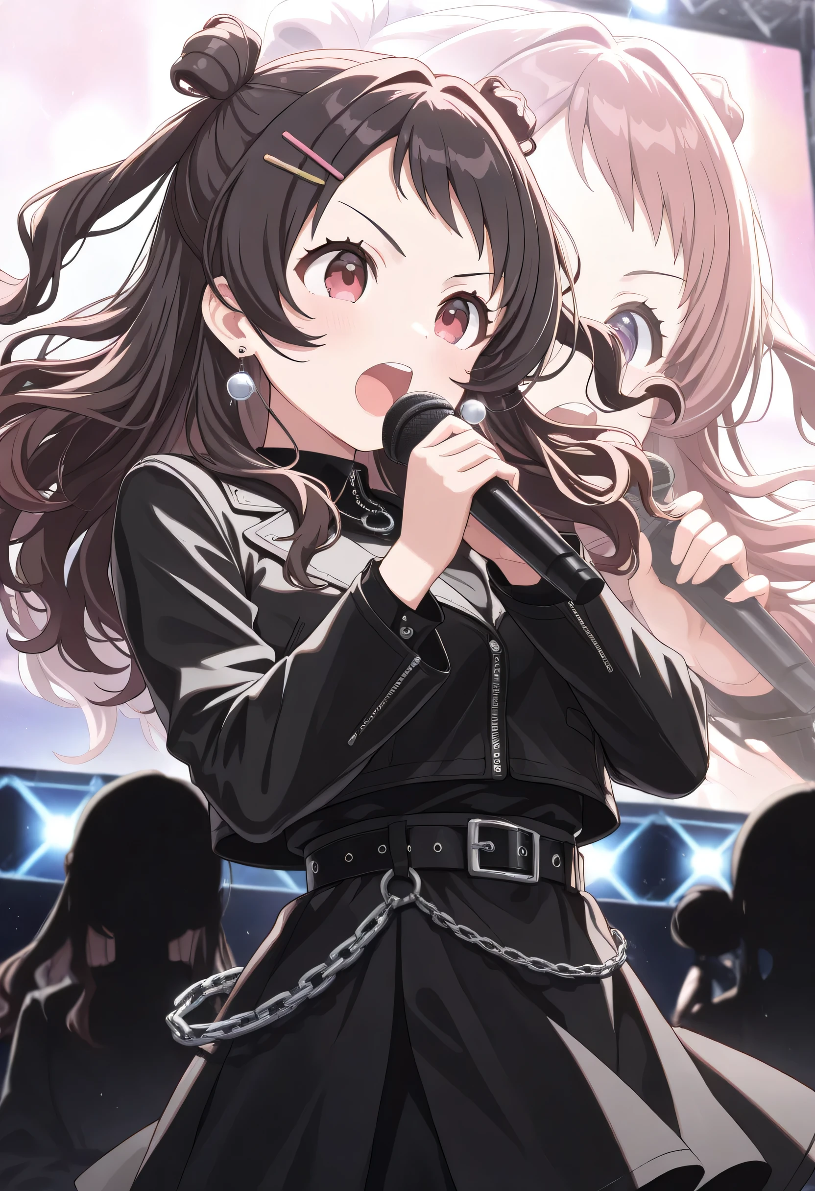 (masterpiece),(best quality),(ultra-detailed),(best illustration),(best shadow),(absurdres),(detailed background),(very aesthetic),saki, 1girl, hanami saki, double bun, hair bun, black hair, red eyes, long hair,aaa,1girl, long sleeves, hair ornament, dress, jewelry, earrings, hairclip, belt, black skirt, black jacket, black shirt, chain, music, holding microphone, singing