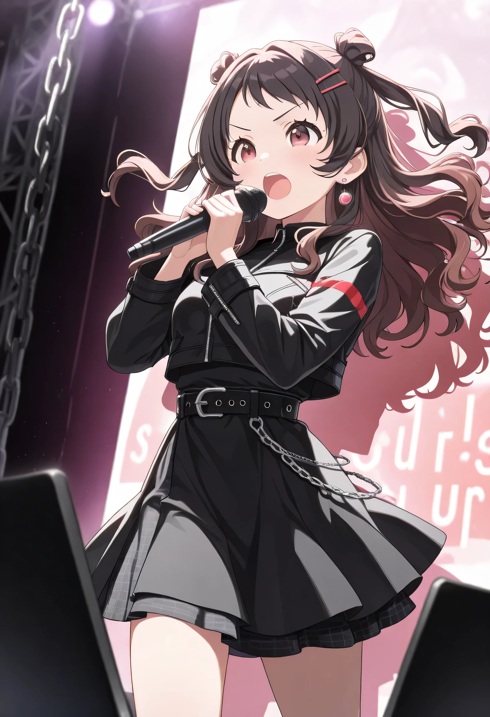 (masterpiece),(best quality),(ultra-detailed),(best illustration),(best shadow),(absurdres),(detailed background),(very aesthetic),saki, 1girl, hanami saki, double bun, hair bun, black hair, red eyes, long hair,aaa,1girl, long sleeves, hair ornament, dress, jewelry, earrings, hairclip, belt, black skirt, black jacket, black shirt, chain, music, holding microphone, singing