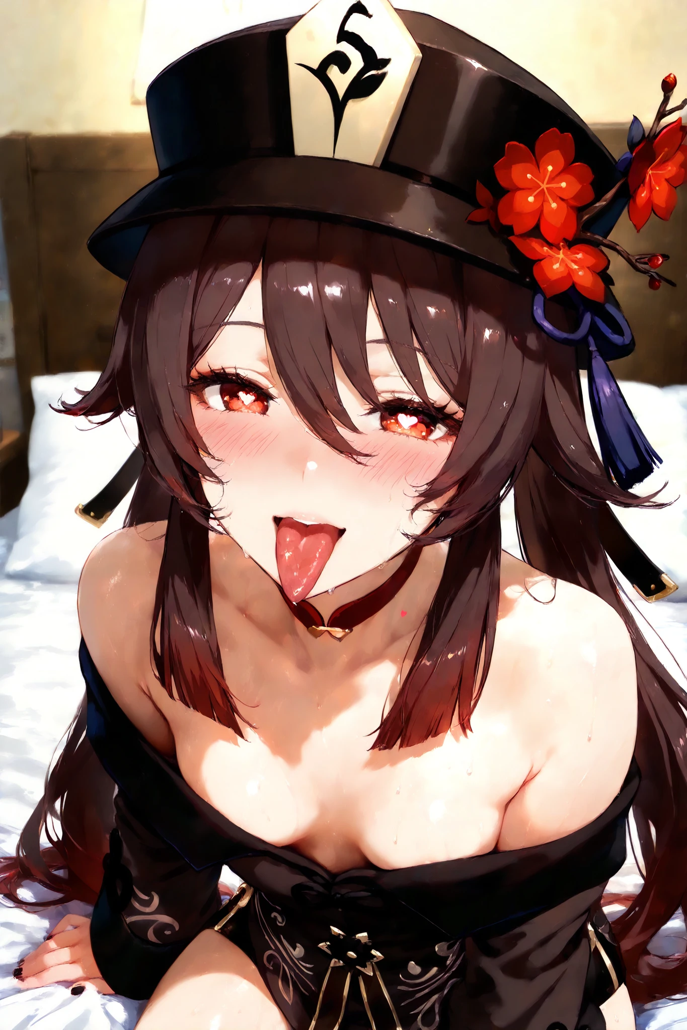 score_9, score_8_ up, score_8,rating_safe,1 Female,Alone,employment_\( Genshin Impact \),employment_\( tracking\)_\( Genshin Impact \), It was Tao, beautiful and perfectly balanced woman, is blushing, ahe face(Half an eye,heart-shaped pupils , sticking out your tongue),(Clothed small breasts),sweat, wet body, black hat,My chest isn't sticking out,I'm rubbing my chest from the top of my clothes、 happy, pure erotic face , Three Quarter View,background: Love Hotel, bed,Costume:original work(Black clothes)
