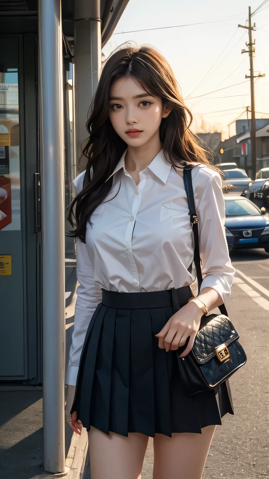 a stunning Korean influencer standing by a bus stop after school, wearing a perfectly tailored school uniform that accentuates her fit and athletic figure. Her fitted blazer hugs her curves, while her pleated skirt sits perfectly on her waist. She’s holding her school bag casually in one hand and brushing her hair away from her face with the other, her confident posture illuminated by the golden glow of the setting sun
