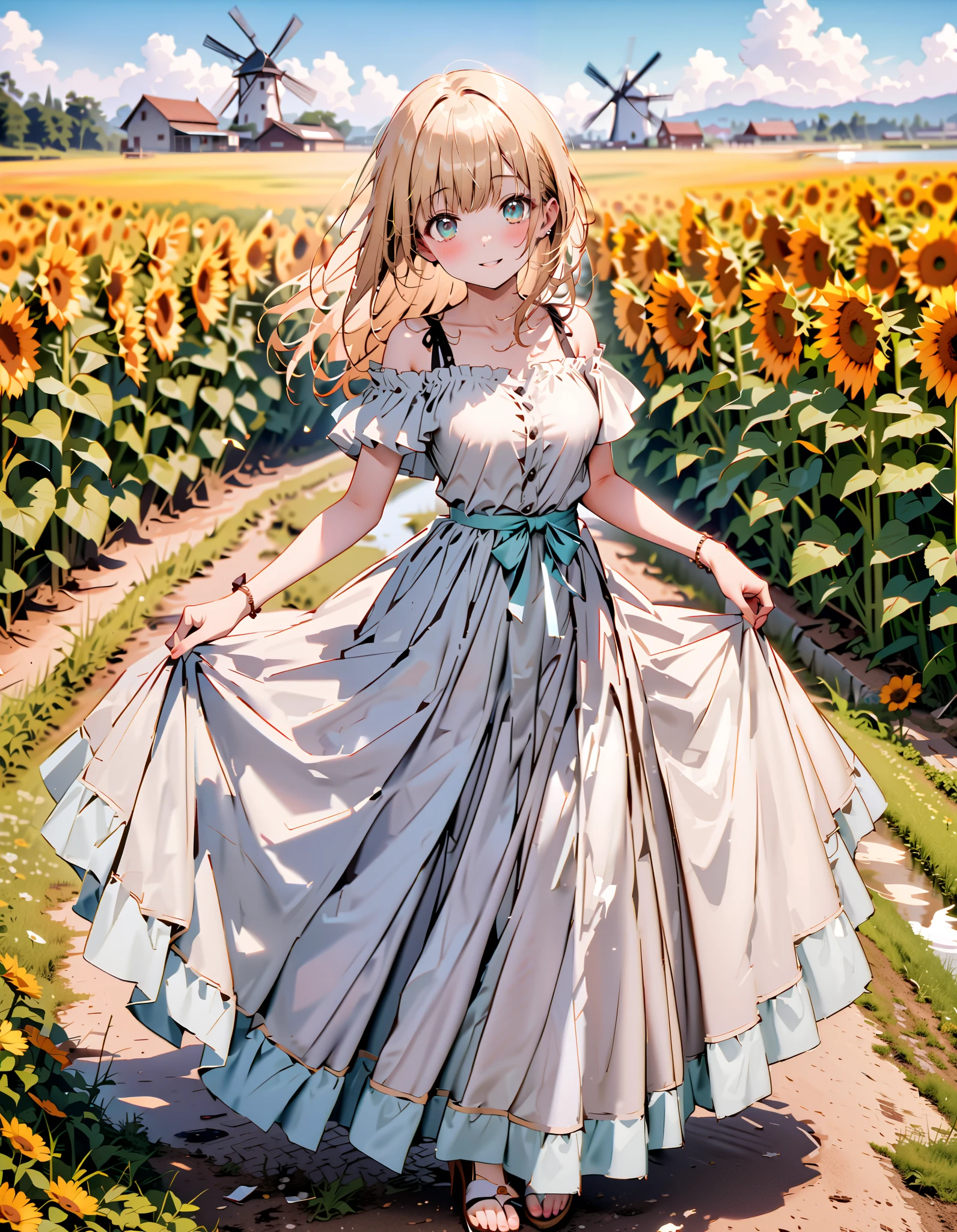 It's so dizzying, Mahiru Shiina,Alone, bangs, blonde hair, Hair, with red eyes,smile,blush, open their mouths, half up, straw hat,Medium breast, Off Shoulder Dress,Short sleeve, long skirt , Heeled Sandals, standing,whole bodyがイラストに入るように,
break looking at viewer,whole body,
break outdoors, Sunflower field, Compa,Large Lake,windmill,
break (masterpiece:1.2), top quality , kampala,unity 8k 壁紙,(shape:0.8),( fine, beautiful eyes :1.6),It's a person ,whole body写真,CG Details , ( perfect hand, complete anatomy),