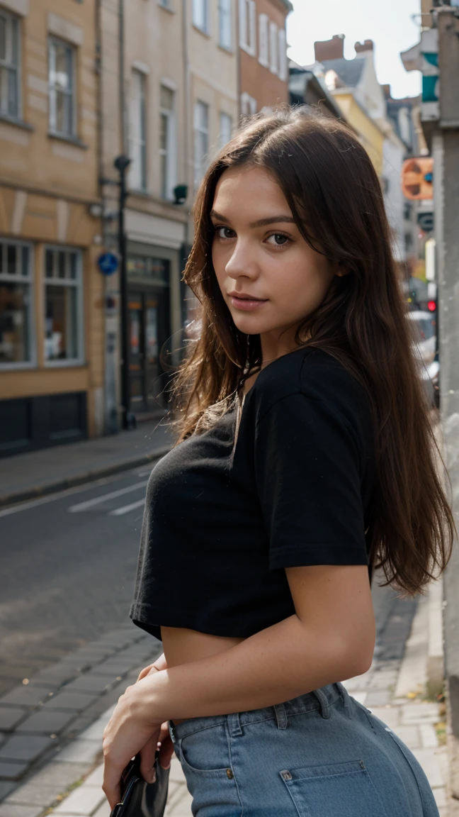 Photography of a stunning girl, in der Stadt, wearing a black t-shirt, enjoying, Kizi, Sommer, Hot Girl, (((mittlere Oberweite))), brunette hair, lang_Haar, schaut in die Kamera, symmetrisches Gesicht, fotorealistisch, Fotografie, spectacular lighting,, splendid, westlich, (Masterpice), best quality, high resolution, Extrem detailliert, Haut mit Poren, verschwommener Hintergrund, Depth of field, Filmische Beleuchtung