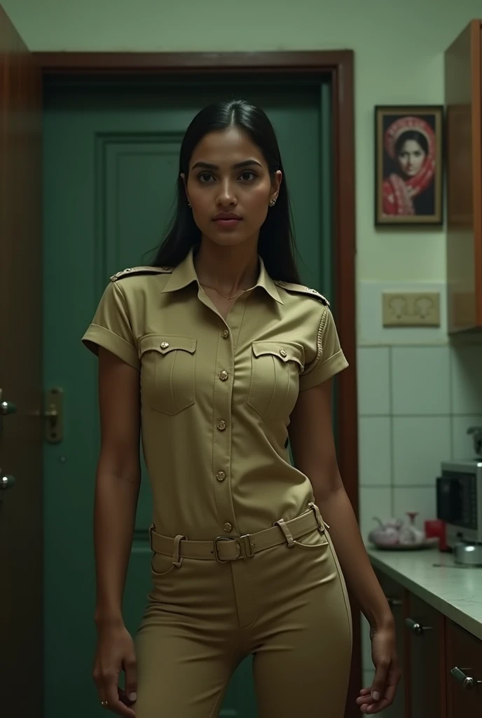 Realistic image. Indian Woman in indian khaki police uniform shirt ...