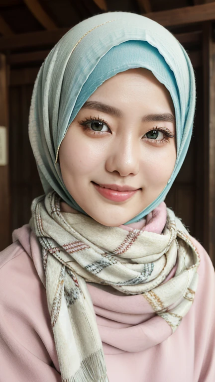 Malay girl in hijab, she is wearing sexy non-black pyjama, sexy, hijab, veil, portrait, photography, mid shot photo, ultra detail, professional photograph with professional lighting, smile, light blue studio background, sexy seducing pose