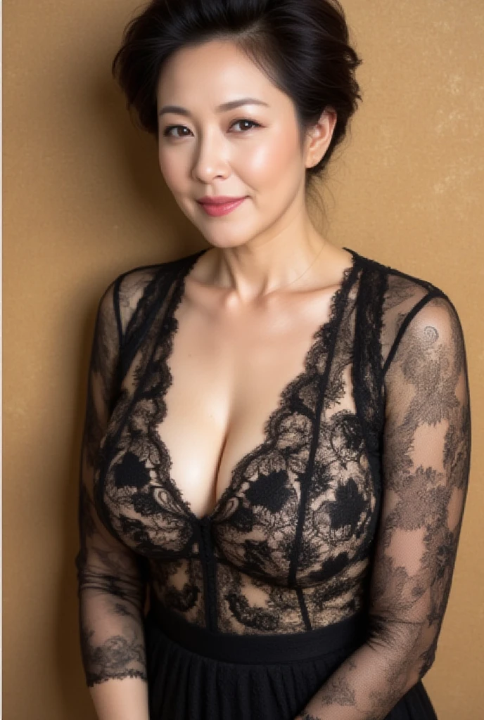 Japanese milf mature woman around 55 years old wearing sexy voluptuous satin lace innerwear