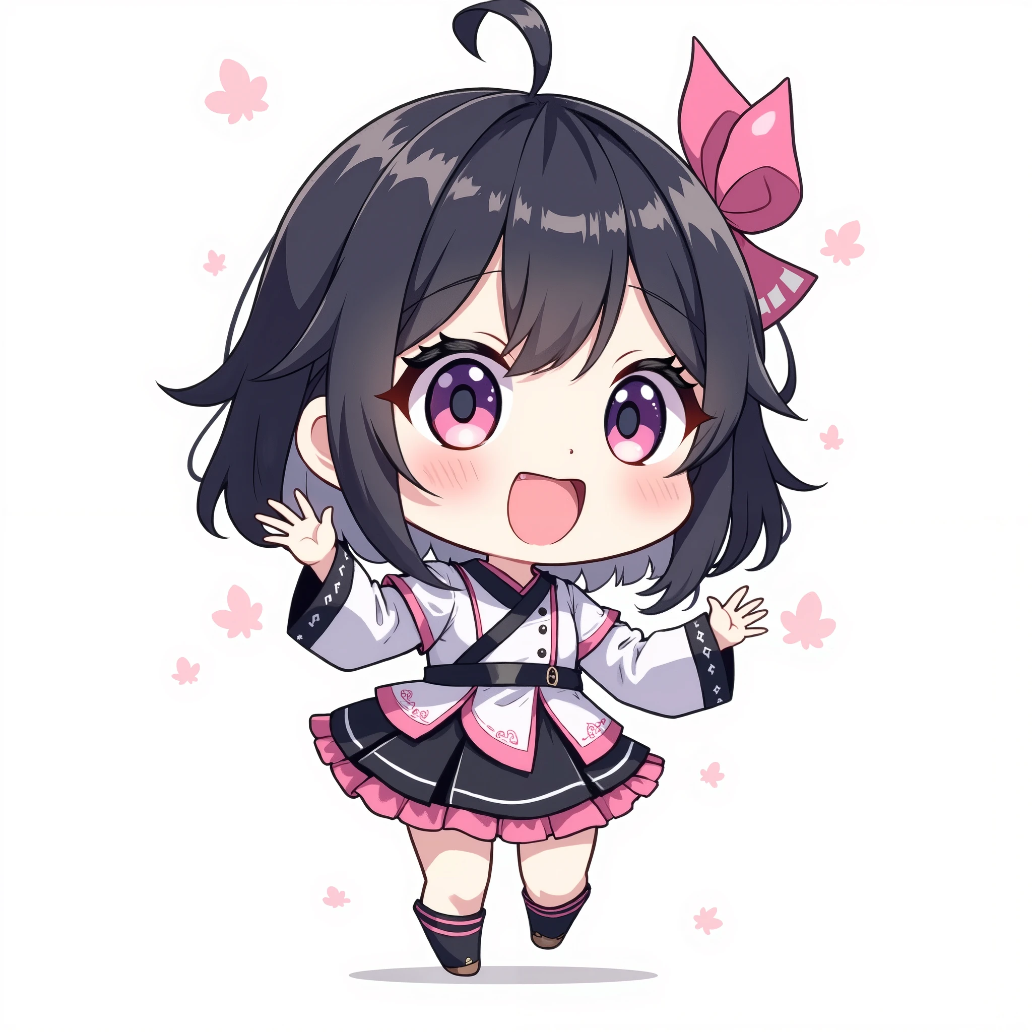( chibi:1.4), chibi character, chibi style, toe, (cwhite background:1.4),full body,masterpiece, high quality, 4K, HDR,, A girl with frills, anime style, Ninja、 with a cheerful smile、 open your mouth wide、 simple background、Japanese style、 black hair,