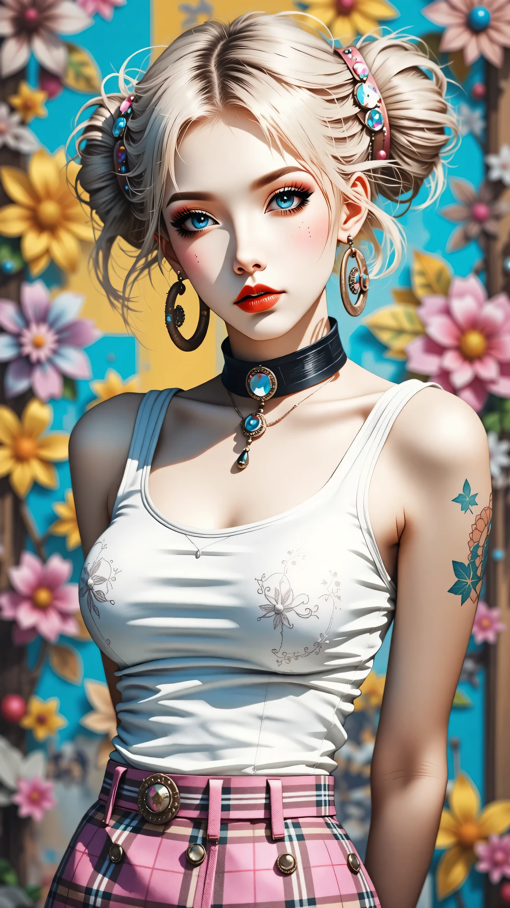 1girl, sexy asian girl, pigtails, cute face, gorgeous, cute, pretty, pretty face, freckles, blond hair, blue eyes, mouth open wide, light pink lipgloss, mascara, skinny thighs, body, innocent look, young face, pink long nails, black choker, large hoop earrings, pink plaid micro skirt, off shoulders white tank top, arms behind back, huge breasts, cleavage, Kizi,(eyes looking off to side), Highly detailed, Amazing work,Vitreous luster, blues, yellows, Best quality at best,shiny skin, colorful background, blue background, yellow background, plunging neckline, arms behind back, heavy blushing, huge breasts,