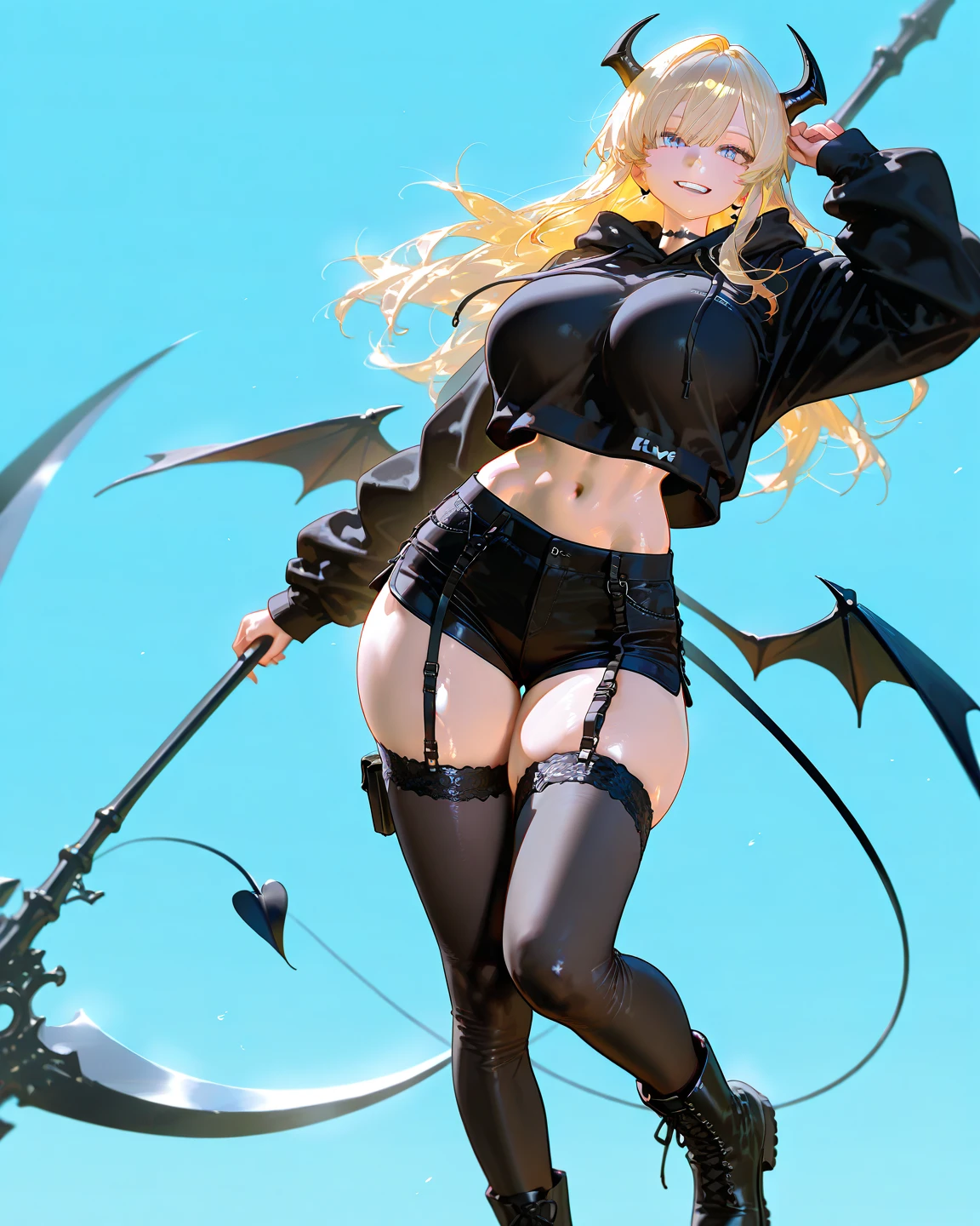 
Bowsette, with a seductive look, sharp eyes, yellow pupils, sexy reddish violet lips, an evil smile, small fangs, ruffled cheeks, pointed ears and with golden earrings.
She wears a black necklace with metal spikes around her neck, a tight, shiny, sexy and low-cut black leather lingerie suit that reaches to her abdomen, on her wrists she wears black bracelets with shiny metal spikes, she is wearing a sexy black thong, white stockings that reach her thighs, thick lineart, film grain, semi-traditional artstyle thighs, high black heels.
standing, looking at the camera, in the background there is a cloudy sky, it is raining a lot.