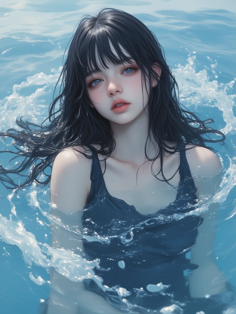 A beautiful anime girl, underwater, struggling to reach the water surface, panicked expression, bubbles flowing out of her mouth, detailed facial features, long eyelashes, (best quality,4k,8k,highres,masterpiece:1.2),ultra-detailed,(realistic,photorealistic,photo-realistic:1.37),detailed water effects, dramatic lighting, moody color tones, cinematic composition