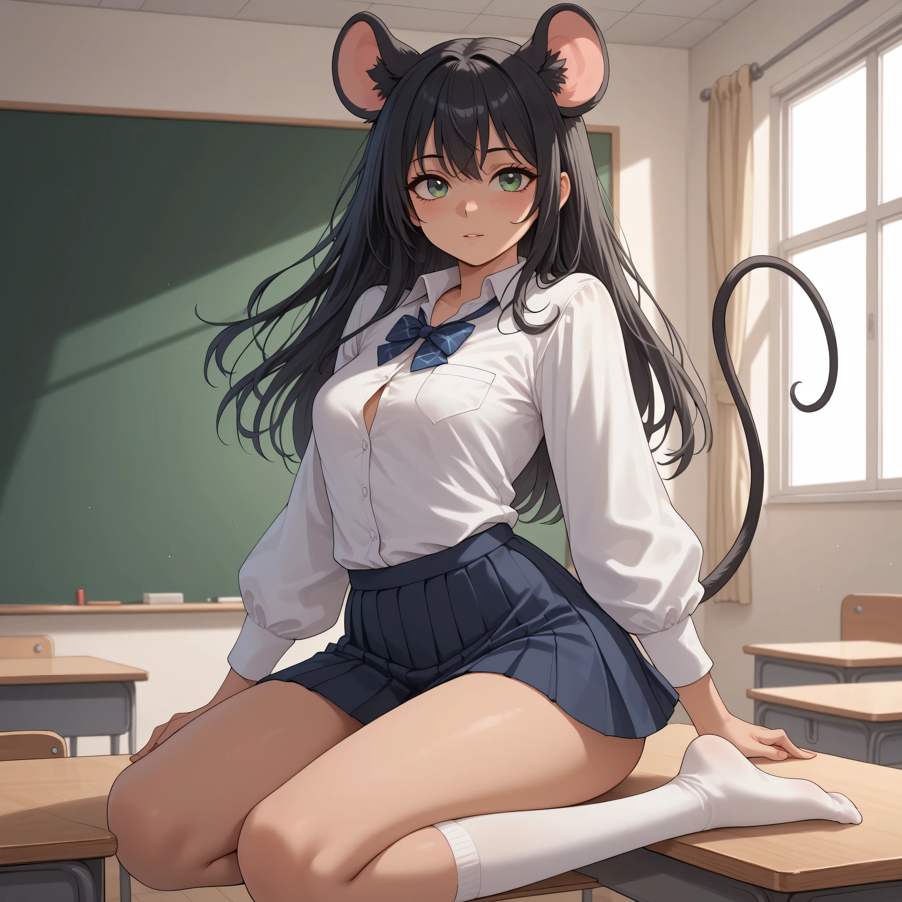 (Masterpiece) (High Detail) (High Res) A tiny short small Humanoid Mouse Female with tanned skin and bright green eyes and long black hair and fluffy black mouse ears and a mouse tail and small breasts. She is wearing a school uniform and is sat in a classroom. She is wearing a white button up blouse and a pleated skirt and thigh-high socks. She looks shy. Long Hair. Tanned skin. Black mouse tail.