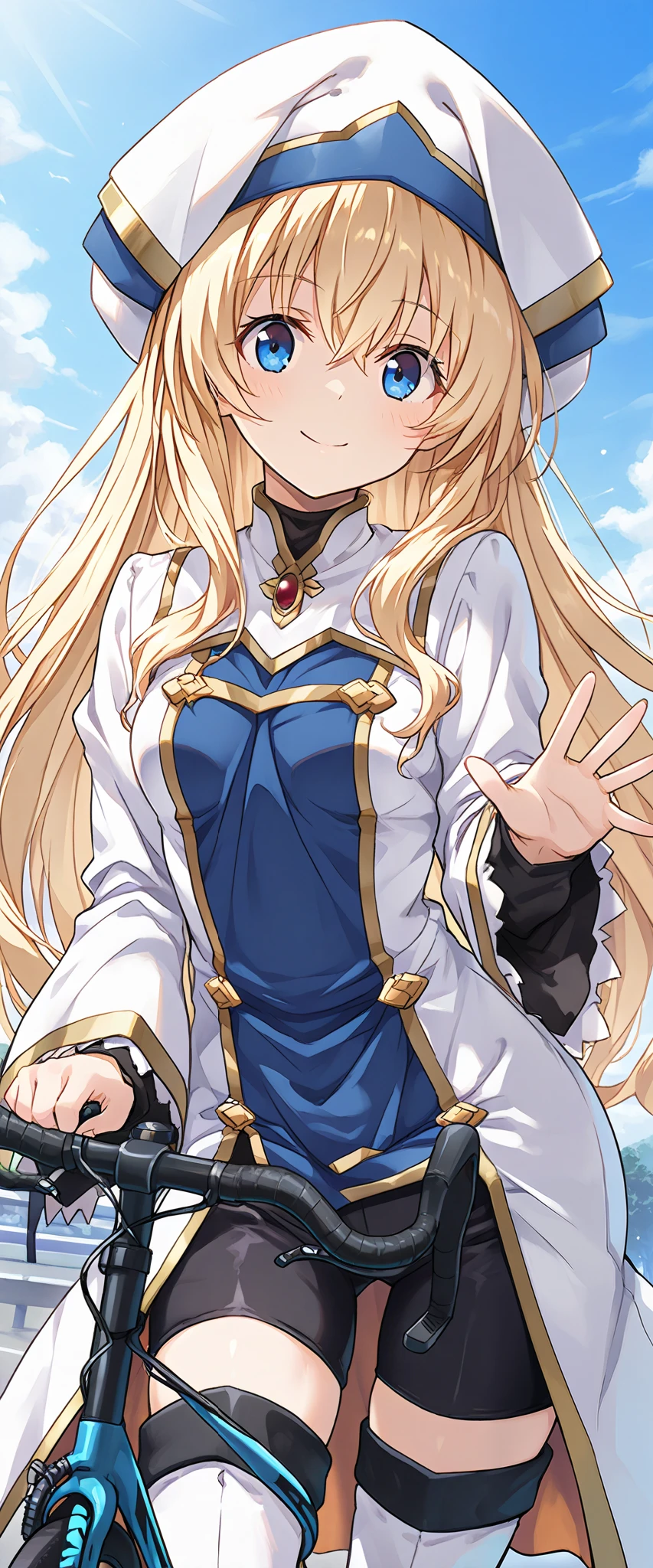 score_9, score_8_up, score_7_up, anime_source, priestess(goblin_slayer),blonde hair,blue eyes,hat,white headwear,long sleeves,hair between eyes,thigh boots,wide sleeves,small breasts,smile,(cycling,gripping the handlebars,cornering),masterpiece,Noise Reduction,perfect anatomy,high resolution, ultra-detailed, ultra-detailed face,game cg,dutch angle ,beautiful detailed eyes,visualart,five fingers, perfect hands, perfect lighting,(highly detailed:1.5),