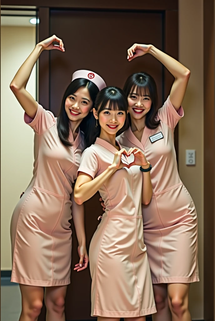 A group of extremely sexy, busty, young Malaysian nurses is sexy uniforms are gathered around a patient they are worried about (safe for work)
