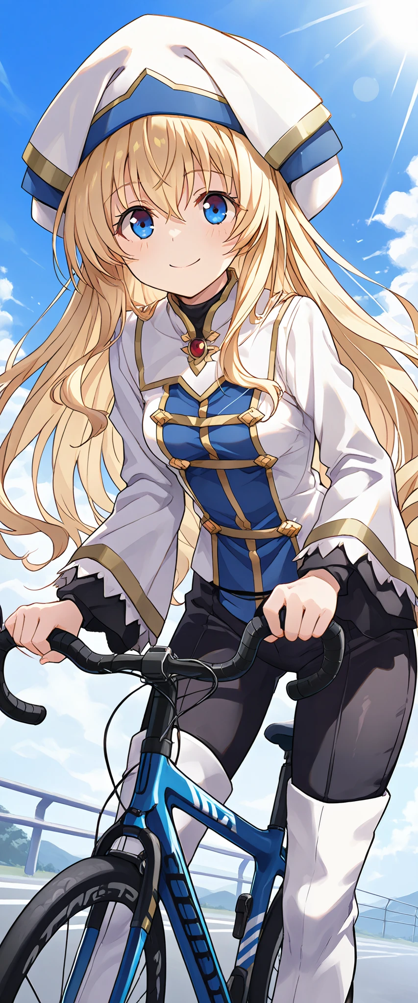 score_9, score_8_up, score_7_up, anime_source, priestess(goblin_slayer),blonde hair,blue eyes,hat,white headwear,long sleeves,hair between eyes,thigh boots,wide sleeves,small breasts,smile,(cycling,gripping the handlebars,cornering),masterpiece,Noise Reduction,perfect anatomy,high resolution, ultra-detailed, ultra-detailed face,game cg,dutch angle ,beautiful detailed eyes,visualart,five fingers, perfect hands, perfect lighting,(highly detailed:1.5),