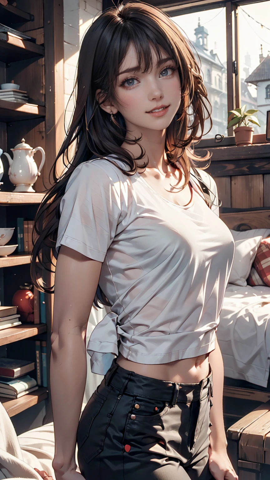 Realistic, High resolution, 1 girl, White Wavy Hair, heterochromatic eyes, Small mole under eye, Loose white shirt, Skinny denim shorts, Large Breasts, Thighs, A masterpiece where you can see the underwear, realism、24-year-old female、Sexy proportions、erotic、Long eyelashes、Long neck、slender limbature female body、Deco bangs((bangs pinned back))、Side braids((side braid))