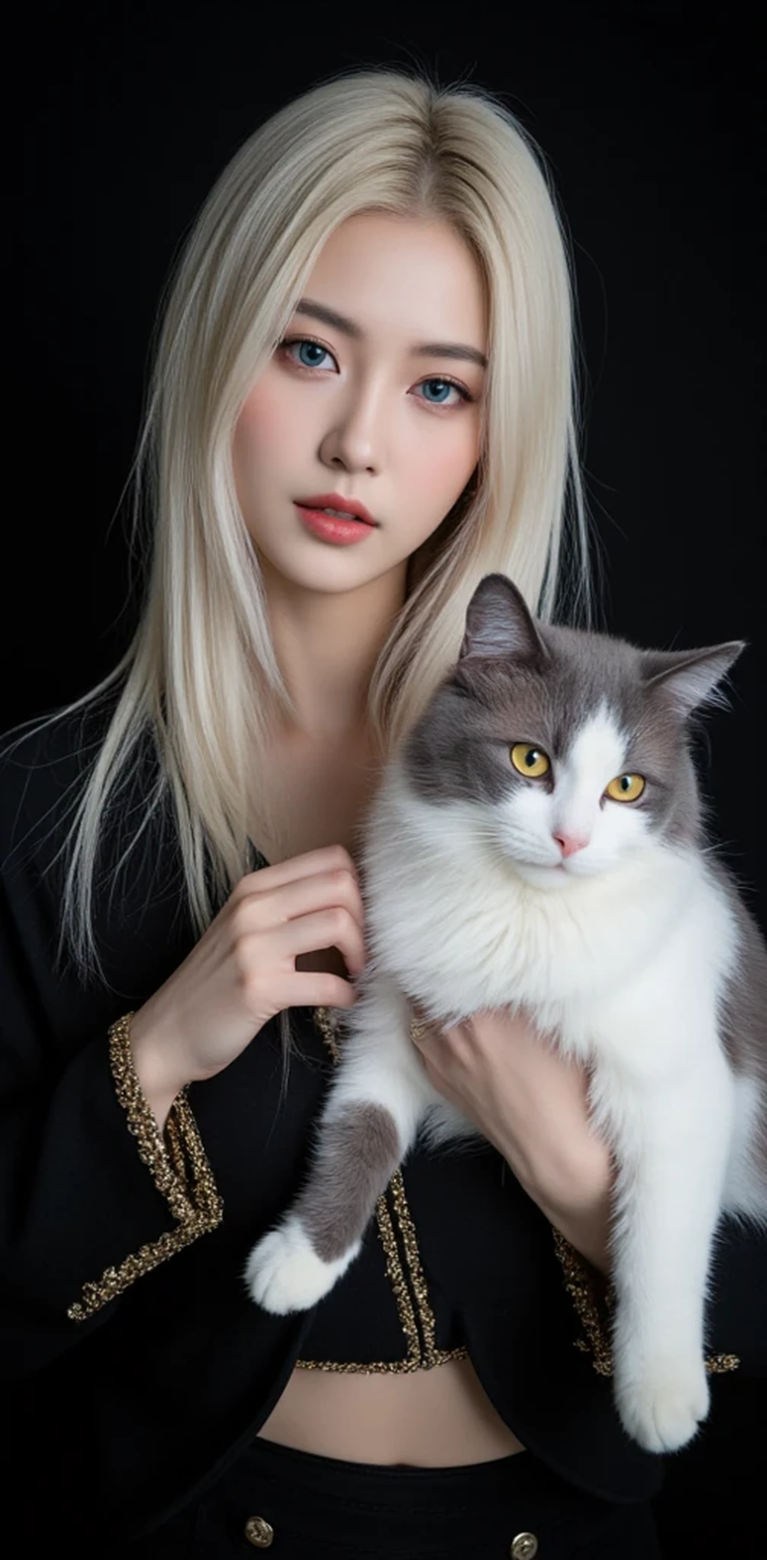 32k, Masterpiece, Top Quality, (Korea's Beautiful Women) Portrait, blonde woman, blue eyes, flawless skin, glamorous makeup, long platinum hair, black outfit with gold trim, holding fluffy white and gray cat, cat with yellow eyes, dark background, studio lighting, high contrast, photorealistic, detailed, beauty photography, fashion portrait, dramatic lighting