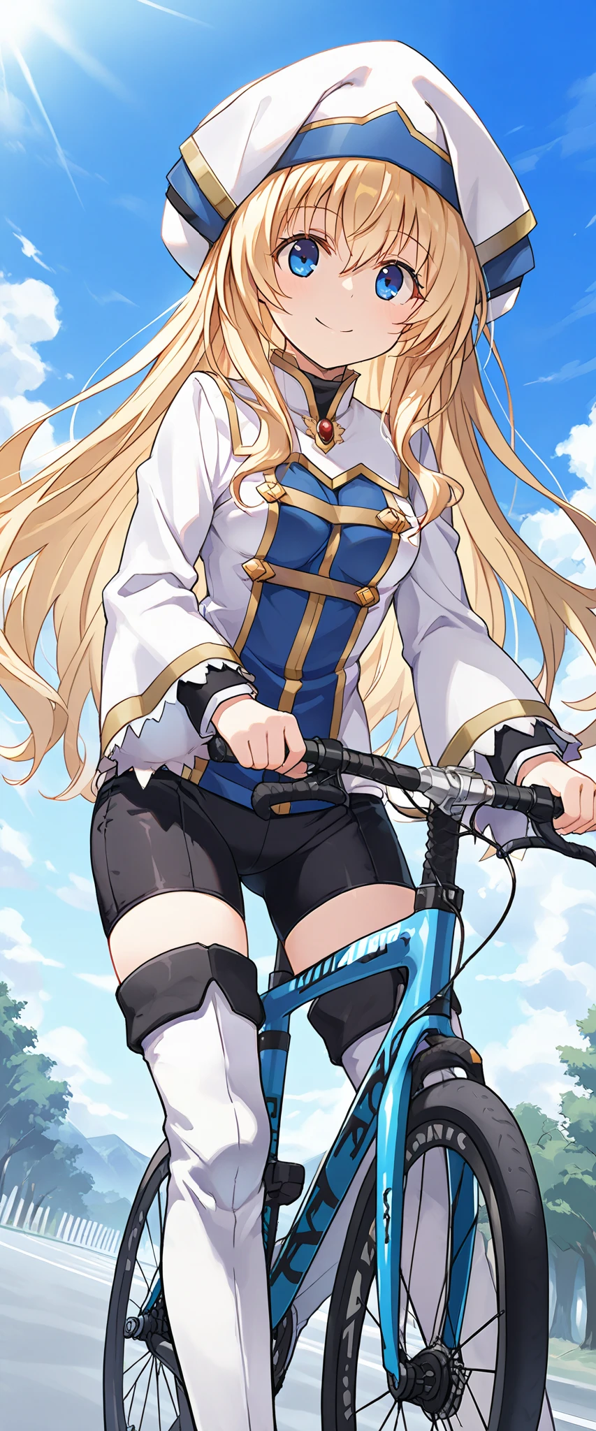 score_9, score_8_up, score_7_up, anime_source, priestess(goblin_slayer),blonde hair,blue eyes,hat,white headwear,long sleeves,hair between eyes,thigh boots,wide sleeves,small breasts,smile,(cycling,gripping the handlebars,cornering),masterpiece,Noise Reduction,perfect anatomy,high resolution, ultra-detailed, ultra-detailed face,game cg,dutch angle ,beautiful detailed eyes,visualart,five fingers, perfect hands, perfect lighting,(highly detailed:1.5),