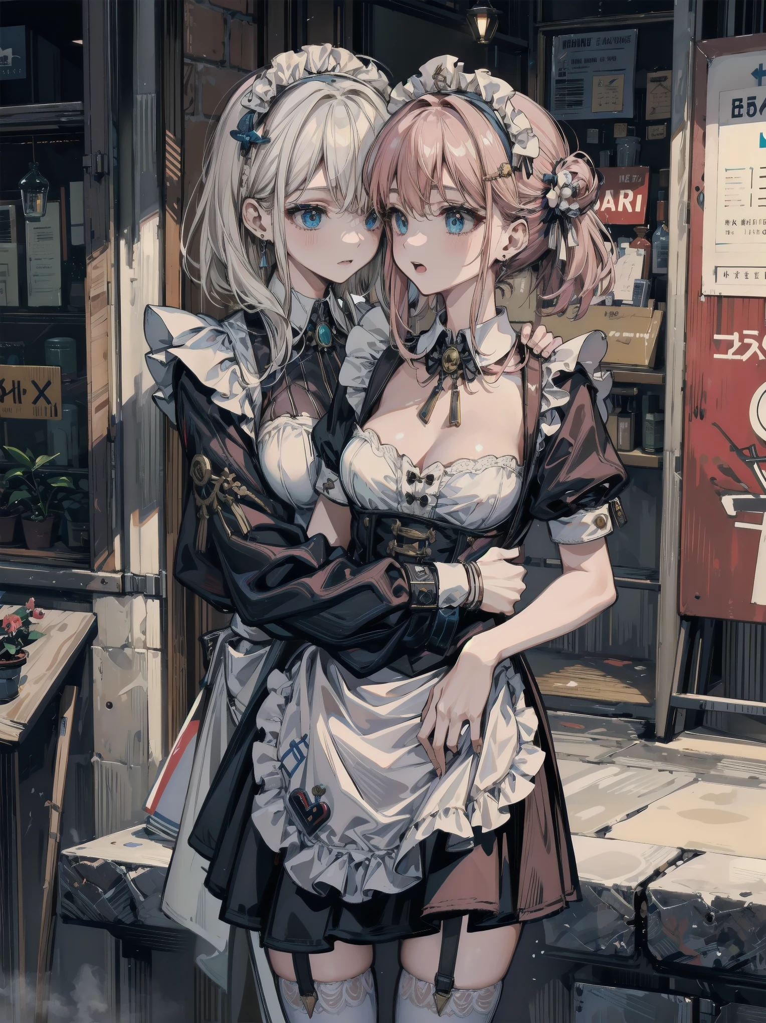 (two women:1.2)、(masterpiece:1.4)、(highest quality:1.4)、ultra high resolution、beautiful features、flower hair ornament、blonde bun hair、black short bob、earrings、white dress、black tights、(huge breasts:1.2)、red face、smile、holding a bouquet、flower garden, (two heads)