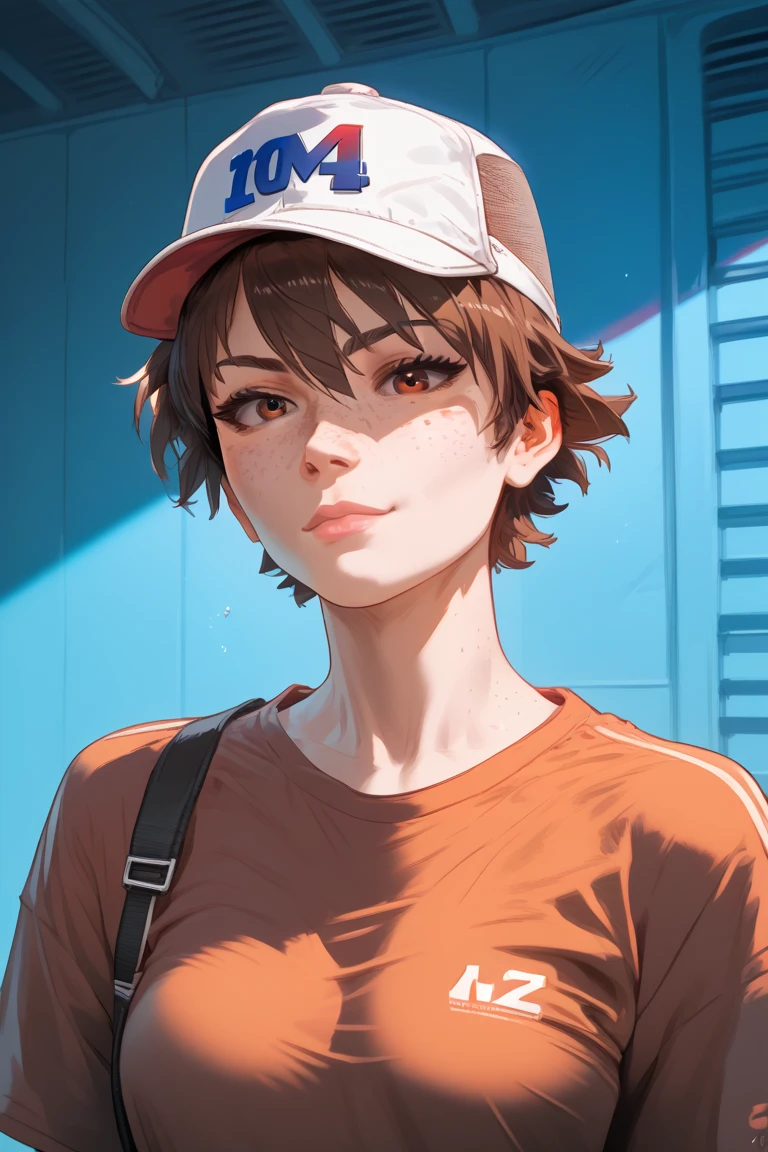 1 girl, tomboy, brown hair, freckles, brown eyes, baseball cap, shirt, frannel, 