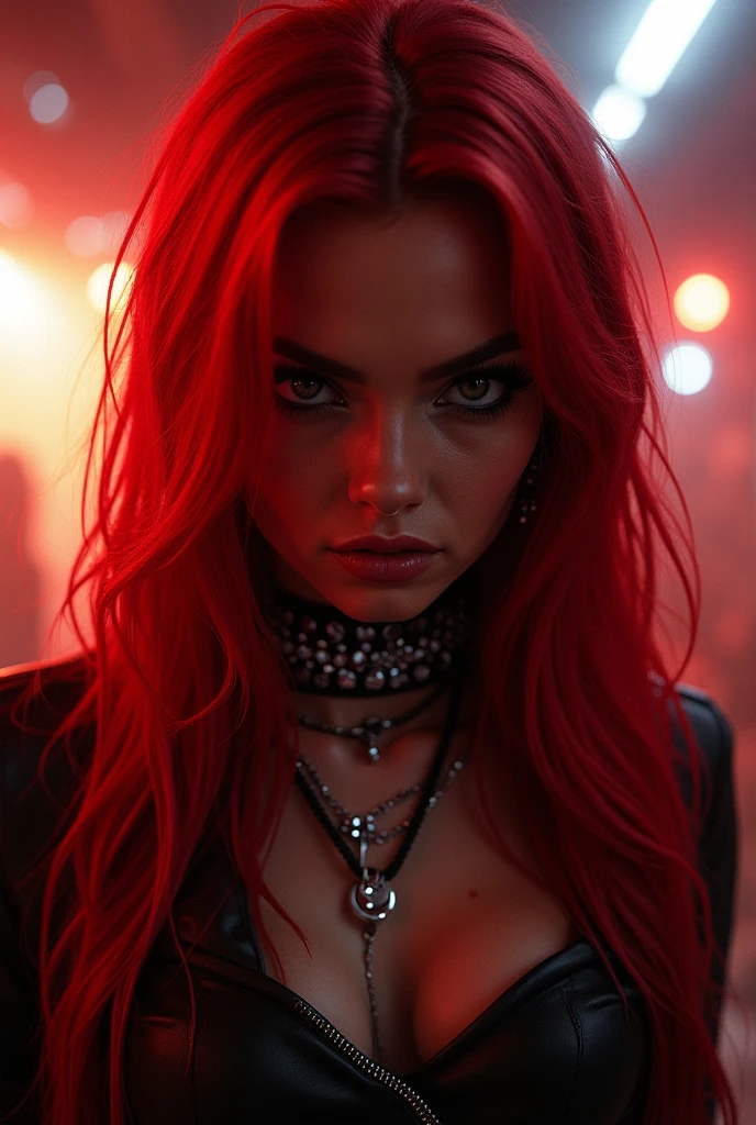create a red-haired woman with long hair and thin lips, an intimidating gaze, and a purple smoke emanating from her back