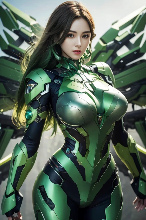 Fine, (Best Illustration), 8k Resolution, Intricate Detail, Best Quality, Realistic, Ultra Detailed, Best Lighting, Best Shadows, Ultra HD, (Bionic Mech), Scorpion Mech, Bishoujo Mech v6, Green hair,