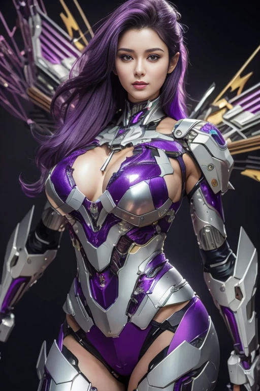 highest quality、masterpiece、超A high resolution、(Photoreal:1.4)、RAW photo、battle cyborg angel、large metal wings、white porcelain body、Acrylic clear cover、gray hair、glowing skin、1 cyborg girl、((Ultra realistic details))、Portrait、global illumination、Shadow、octane rendering、8k、super sharp、character edge light,big breasts、Raw skin exposed in cleavage、intricate decorative details、Double Zeta Gundam details、hydraulic cylinder、small led lamp、very intricate details、realistic light、purple eyes、shining eyes、towards the camera、neon details、cowboy shot、futuristic headgear、About Cyberpunk、、