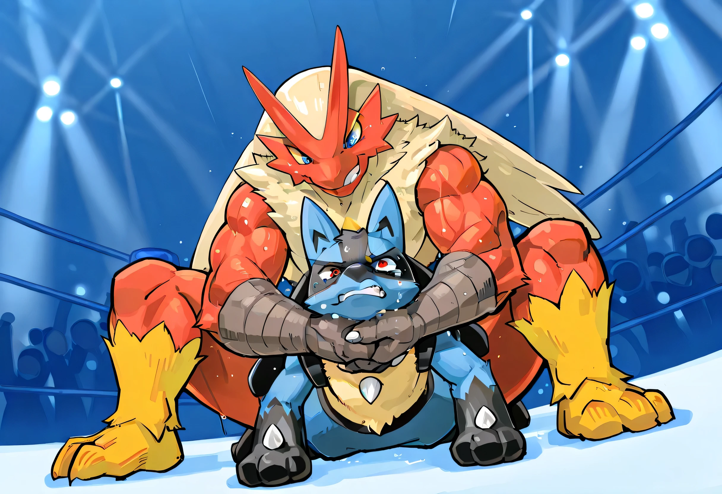 4k ultra quality, 4k full body view,masterpiece quality, giant blaziken camel clutch to small lucario, wrestling, [lucario:on stomach, open arms wide, very small , young , close eyes, tears in his eyes], [blaziken:squatting on lucario's back, choking, camel clutch, Giant massive bulky fat massive strong very large body, thick arms hugging, evil grin, sweaty], size difference, The camel clutch was decided from behind by the lucario, seeing from below, wrestling background