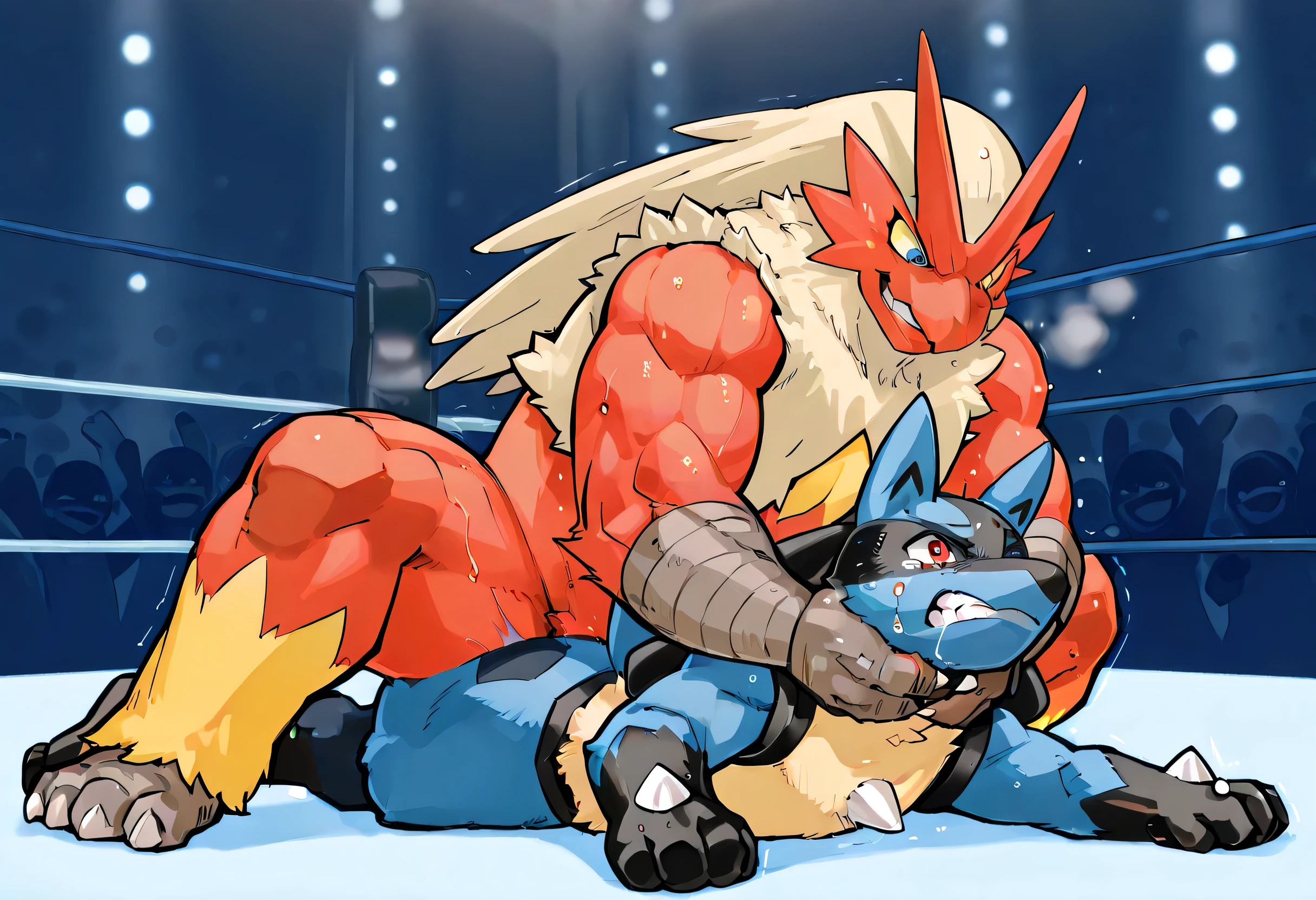 4k ultra quality, 4k full body view,masterpiece quality, giant blaziken camel clutch to small lucario, wrestling, [lucario:on stomach, open arms wide, very small , young , close eyes, tears in his eyes], [blaziken:squatting on lucario's back, choking, camel clutch, Giant massive bulky fat massive strong very large body, thick arms hugging, evil grin, sweaty], size difference, The camel clutch was decided from behind by the lucario, seeing from below, wrestling background