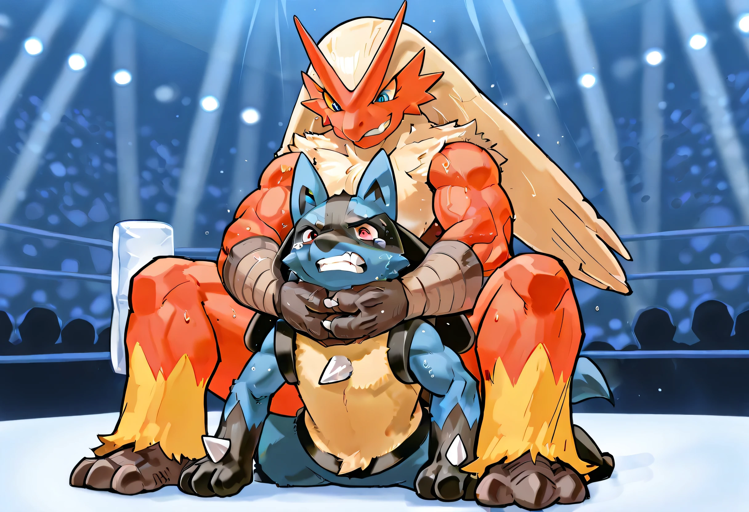 4k ultra quality, 4k full body view,masterpiece quality, giant blaziken camel clutch on small lucario, wrestling match, [lucario:on stomach, open arms wide,very small build, young, s, close eyes, tears in his eyes], [blaziken:squatting on lucario's back,strangling, camel clutch, Giant massive bulky fat massive strong very large body, thick arms hugging, evil grin, sweaty], size difference, backbone fracture, The camel clutch was decided from behind by the lucario, seeing from below, wrestling background