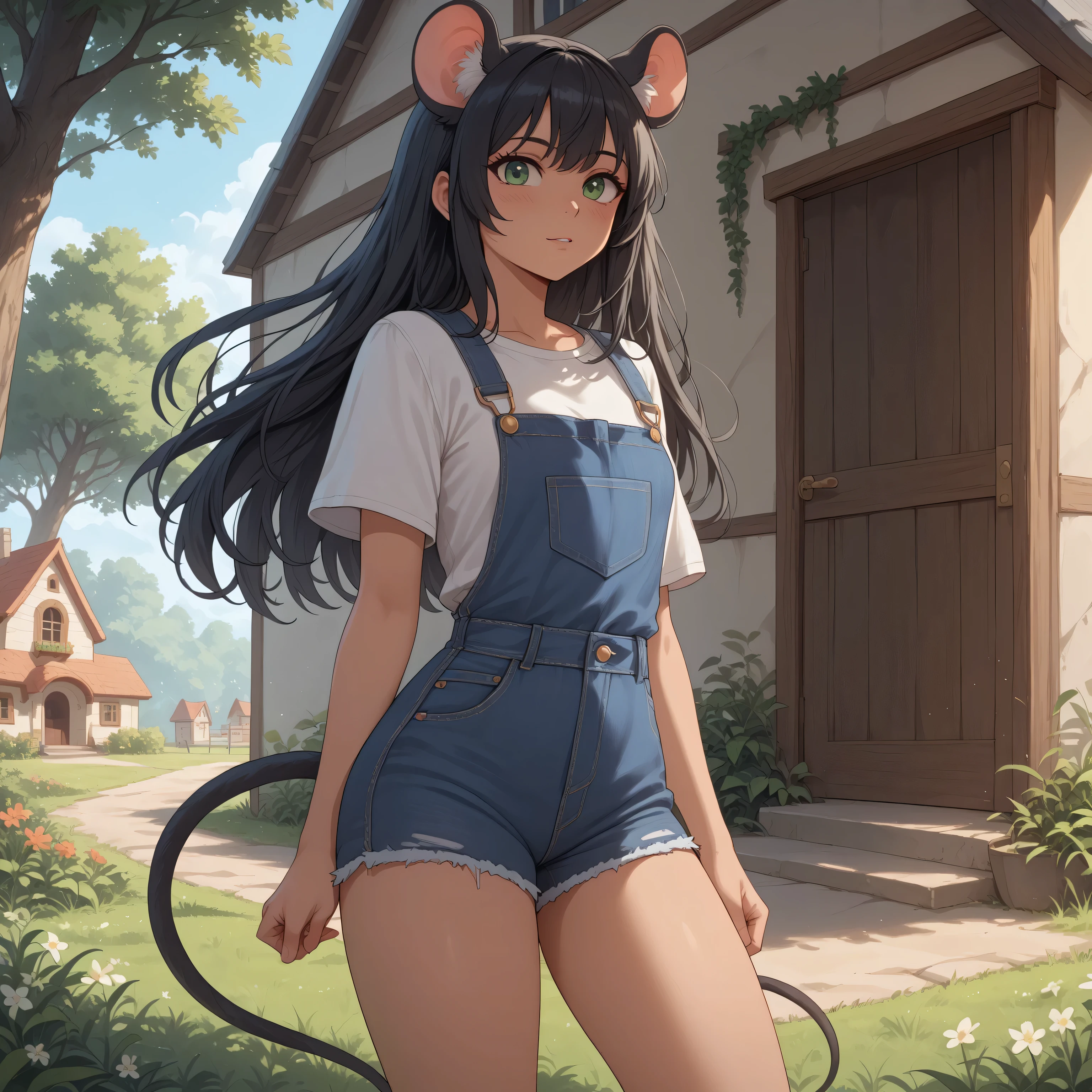 (Masterpiece) (High Detail) (High Res) A tiny short small Humanoid Mouse Female with tanned skin and bright green eyes and long black hair and fluffy black mouse ears and a mouse tail and small breasts. She is stood in front of a small cottage house in the countryside. Trees. Grass. She is wearing denim overalls. Long Hair. Tanned skin. Black mouse tail.