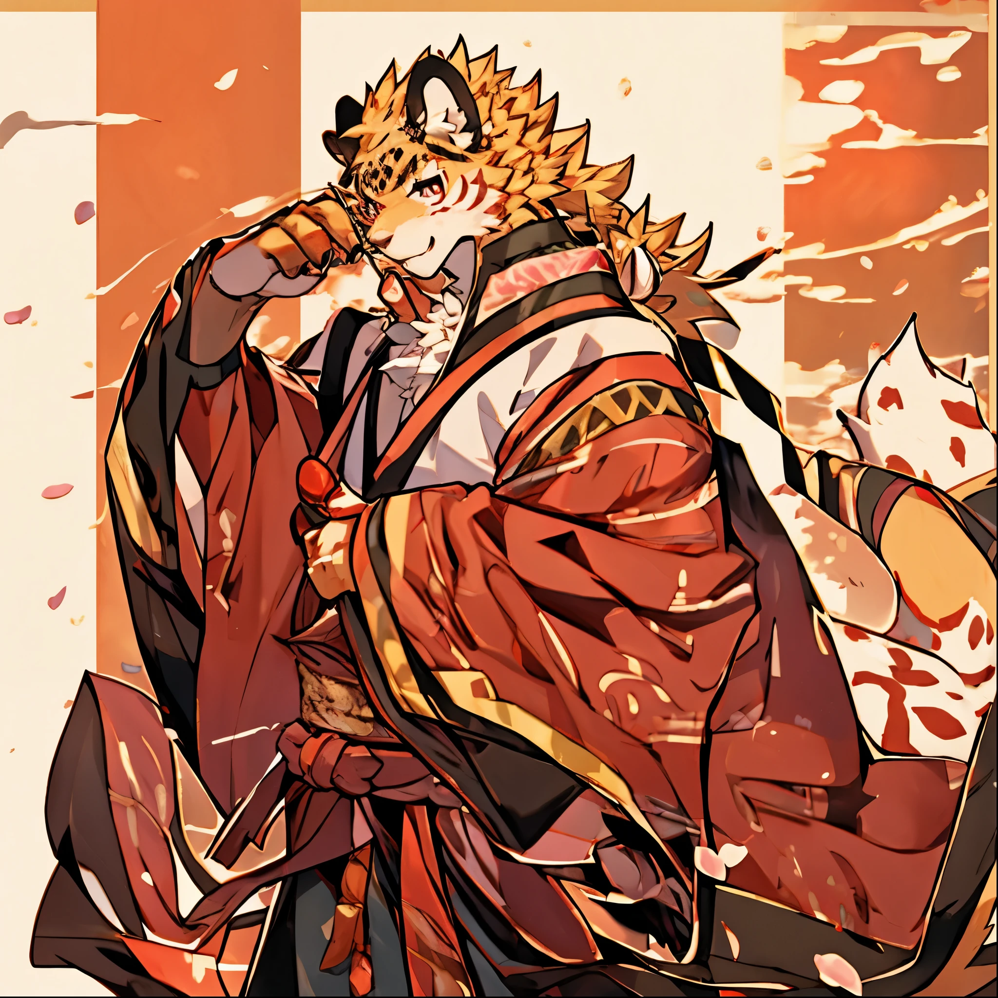 Spring Festival, blushing, juvenile, golden fur, golden hair, leopard, red eyes, wearing red Hanfu, the background is gold ingot