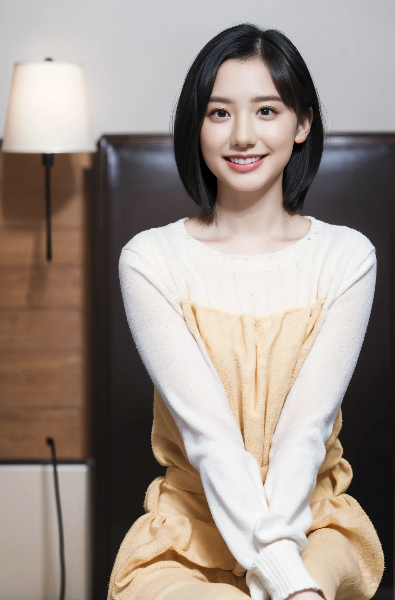 (masterpiece:1.3), (8k, photorealistic, RAW photos in the loop, top quality: 1.4), ( 1 girl), smile, beautiful face, ( Realistic Face), ( black hair, short hair:1.3), Beautiful Hairstyles, Realistic eyes, beautiful detailed eyes, ( Real Skin), Beautiful skin, ( sweater ), is ridiculous, attractive, super high resolution, super real, very detailed, golden ratio