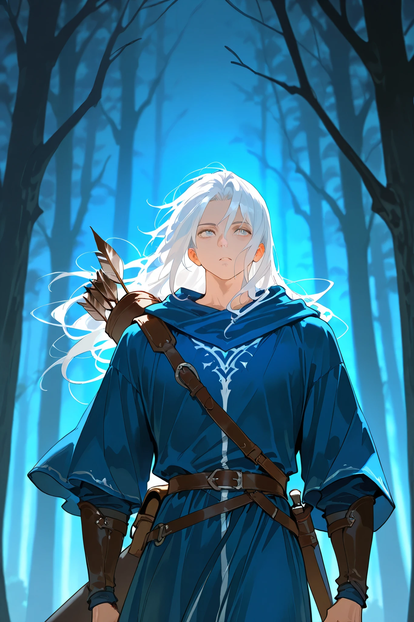 best quality, masterpiece,highest resolution,dark forest background, 1male, white hair, long hair, blue robe, solo,fantasy, quiver, bow