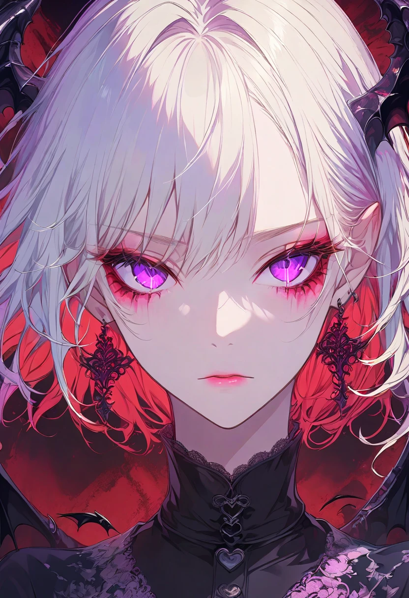 ((masterpiece)), best quality, ultra high res, extremely detailed, polar lighting, intricate, psychdelic, surreal, cinematic lighting, solo, high contrast, stunning, emotional, surreal, 1girl, gradient detailed eyes, model figure, crying blood, necklace, rings, blood, chain on clothe, long white fuzzy wavy hair, blood, vampiric, demonic, refraction, (big eye background)), black background, hair over one eye, (glowing eye), extra eyes