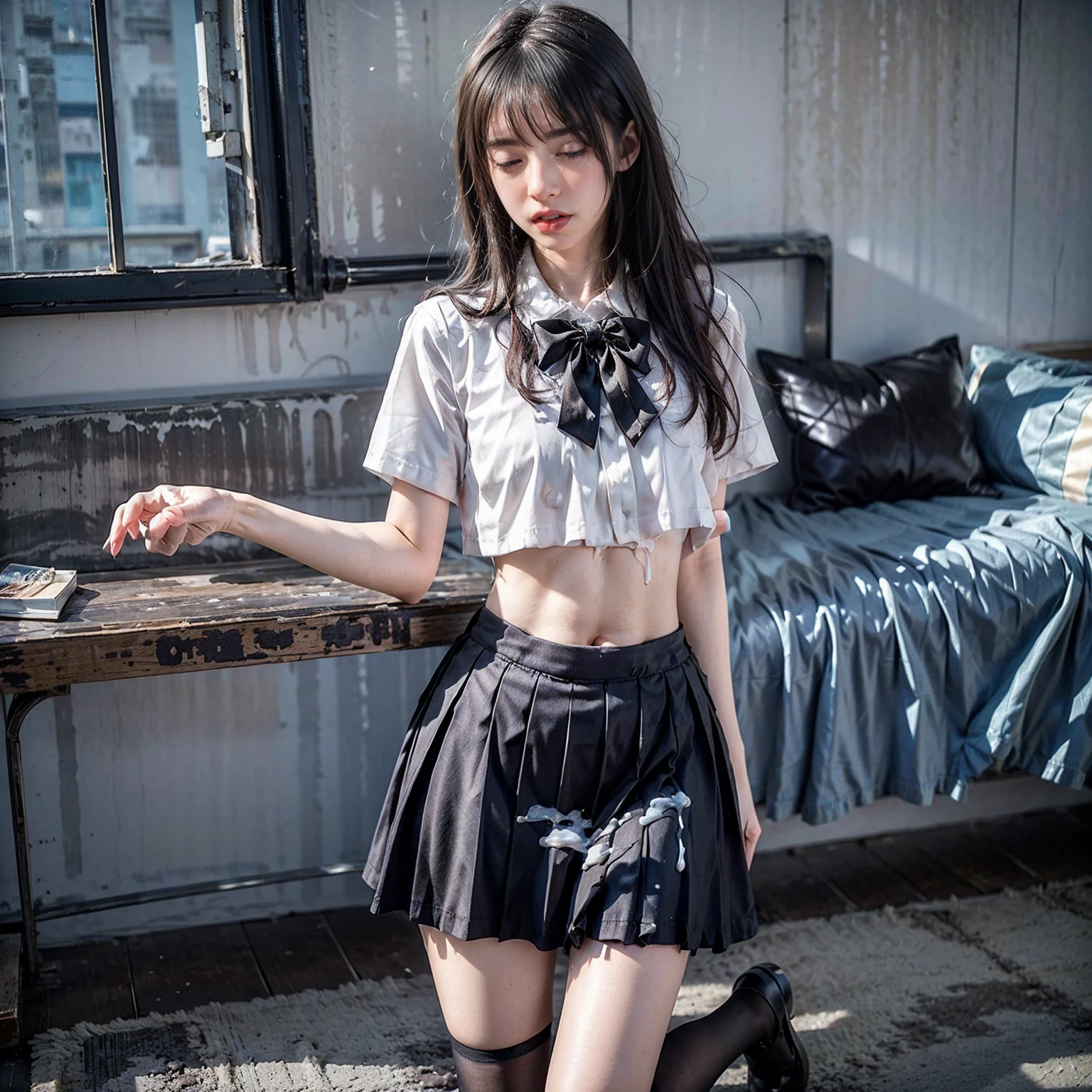 score_9, score_8_up, score_7_up, 1girl, medium breasts, makeup, bob cut, oversized clothes, pleated skirt, choker, looking at viewer, cameltoe, from below, blush, street, navel, soles, leg up, toes, liking feet, black legwear,  (underboob), 