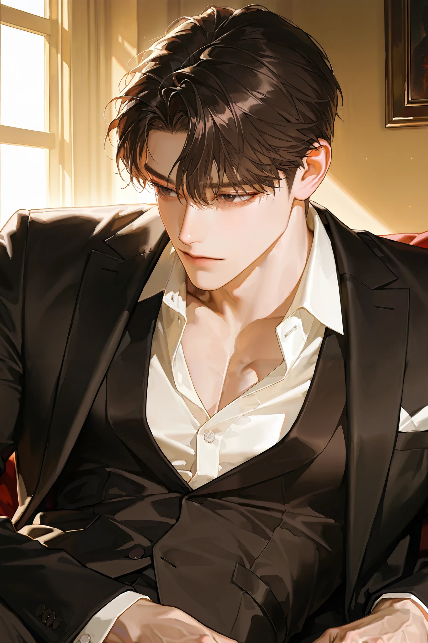 coppery skin, Alone, horror movie filter lying, short hair, dark dark brown hair, male focus, handsome man, thickly painted, Semi-realistic art  , Semi-realistic art  style, expressive brushstrokes, vibrant brushstrokes, impressionistic painting, realistic skin, realistic hair, realistic details, photo-realistic, high details, natural curly hair, handsome man,  mature man,  1 man ,  handsome man, 천사 같은 외모, 홀로, 남성 중심, 랜덤 색깔 머리, 단정하고 깨끗한 머리,미소, 즐거운/행복한, 부드러운 미소, 31 years old guy, handsome, very mature very tall, using suit, rich, perfect face, detailed face