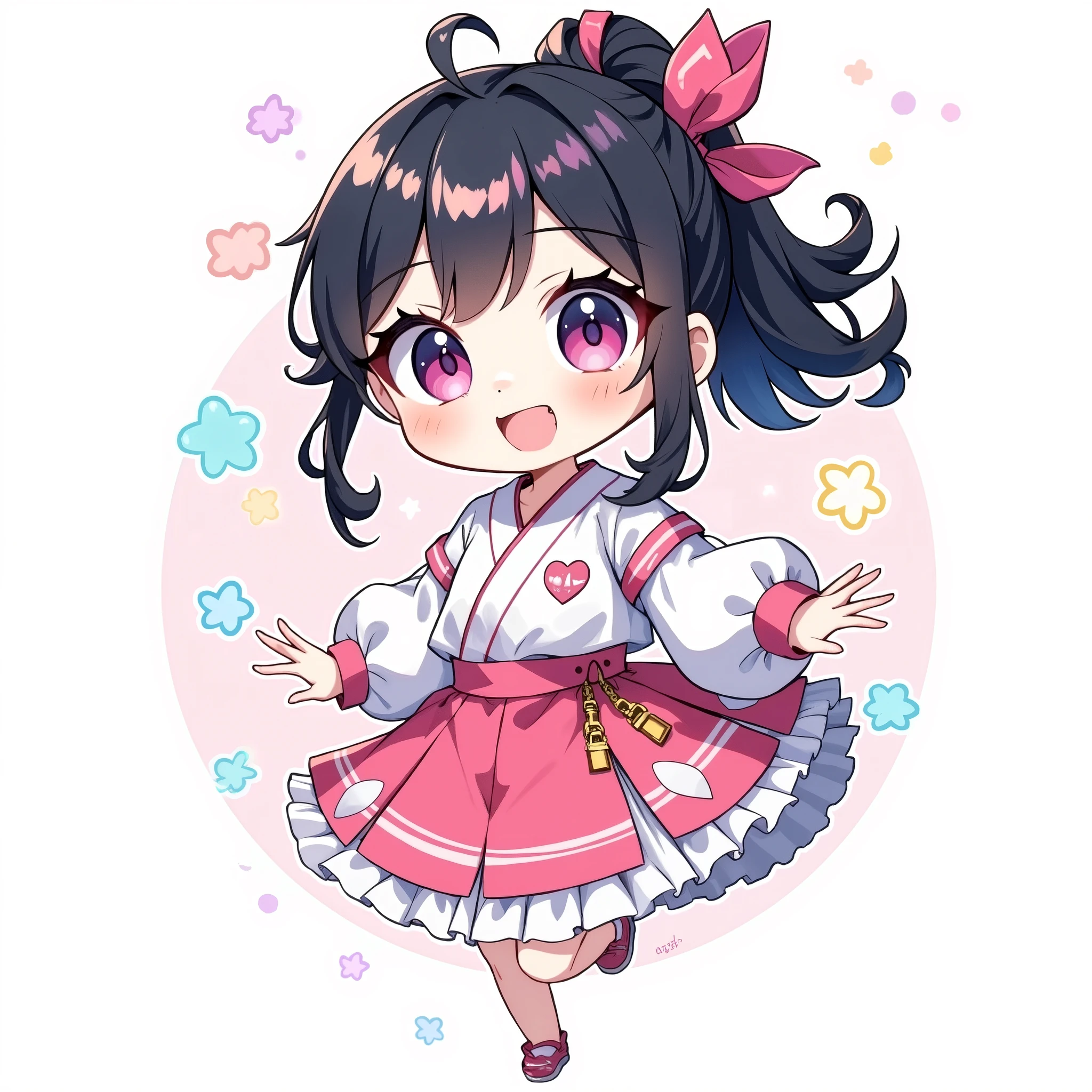 ( chibi:1.4), chibi character, chibi style, toe, (cwhite background:1.4),full body,masterpiece, high quality, 4K, HDR,, A girl with frills,  anime style, Ninja、 with a cheerful smile、 open your mouth wide、 simple background、Japanese style、 black hair,  ponytail, 