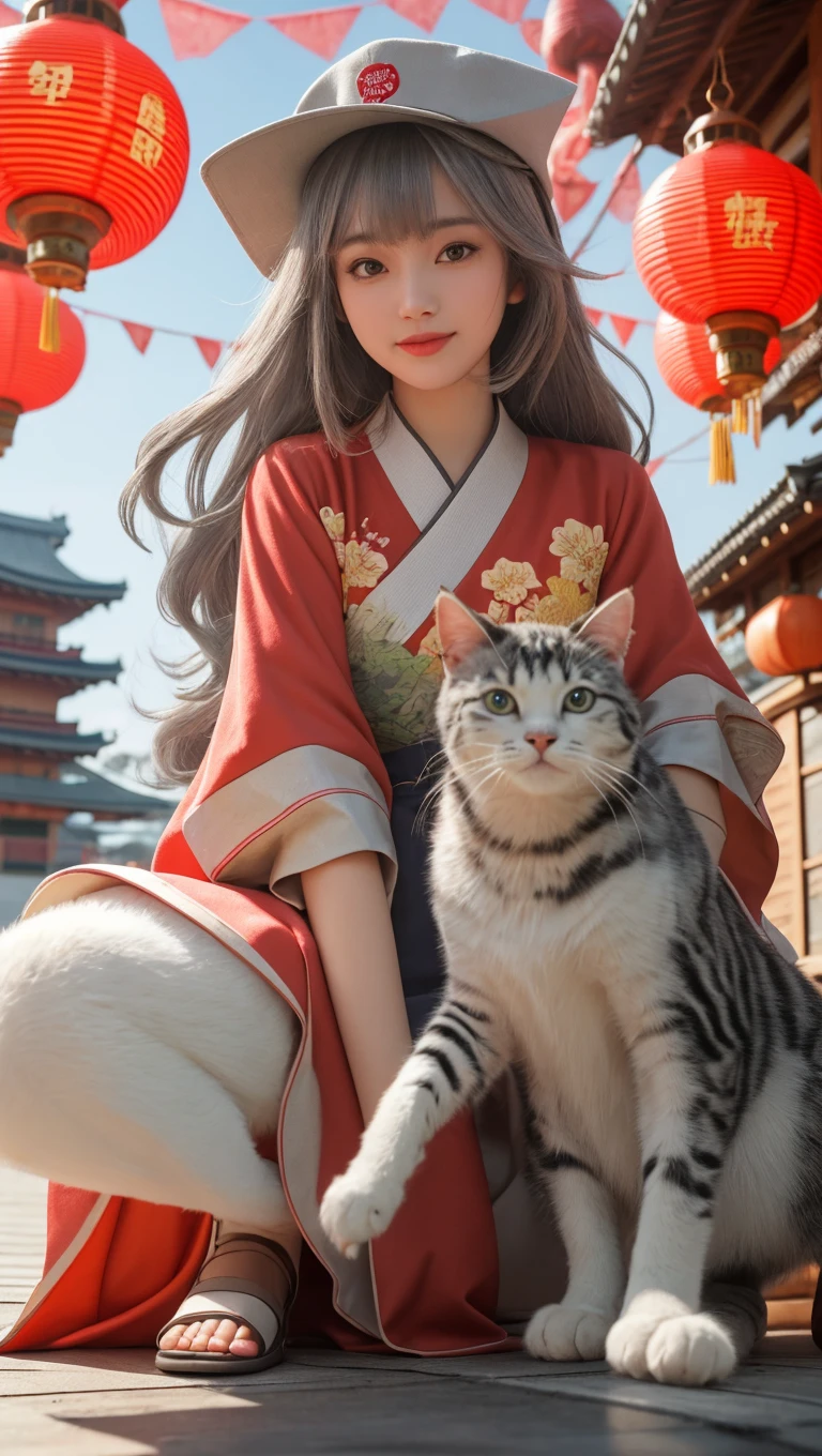 A beautiful teenage girl, white skinned, 12 years old. Brazilian, 8k uhd, photorealistic style, 3d render, super detailed, black hair ((((with Red lock)))). Red, ((honey-colored Western eyes)), fluffy, ((large, round cheeks)), wearing a white shirt, (((holding only a small White cat))l. In the park, happy face, alone.