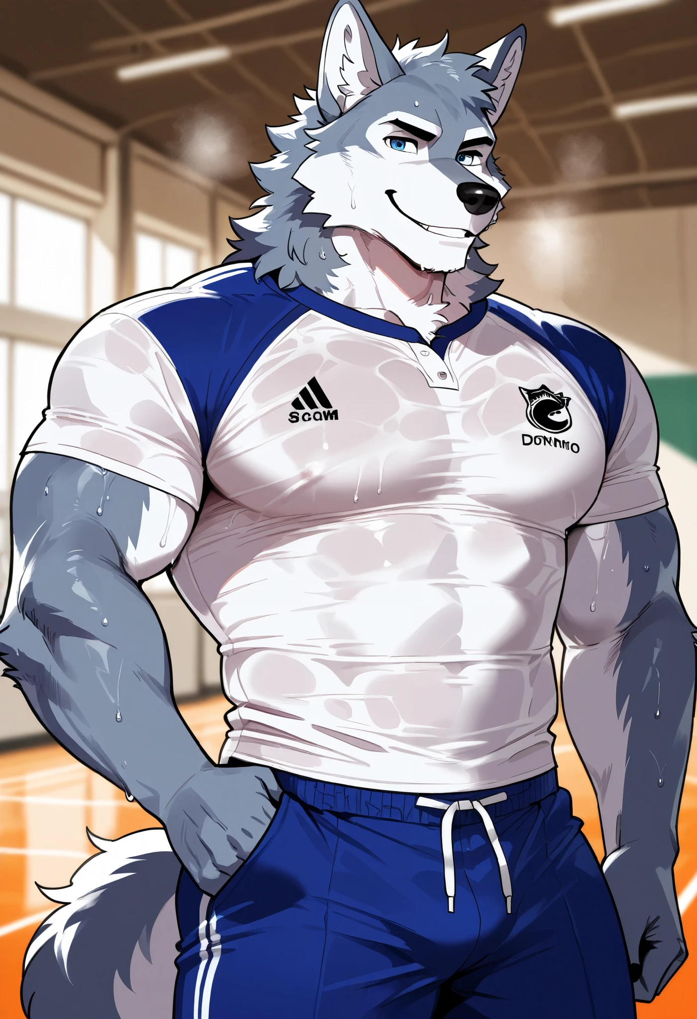 1boy, muscular, sweaty, himbo, wolf anthro, smiling, dorm background, sport clothes