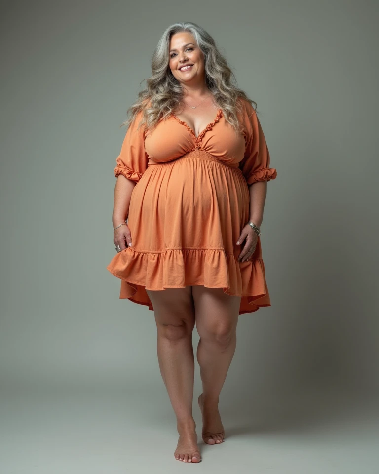 Xyrele, 1girl, solo, 30 years old, (((French face))), (((French nose))), (((French lips))), ((((chubby)))), (((wide hips))), (((blonde hair))), crinkly medium hair, ((Background: Taking photos of the lighthouses)), ((upper body and upper legs)), wearing purple Flowy Tunic Top