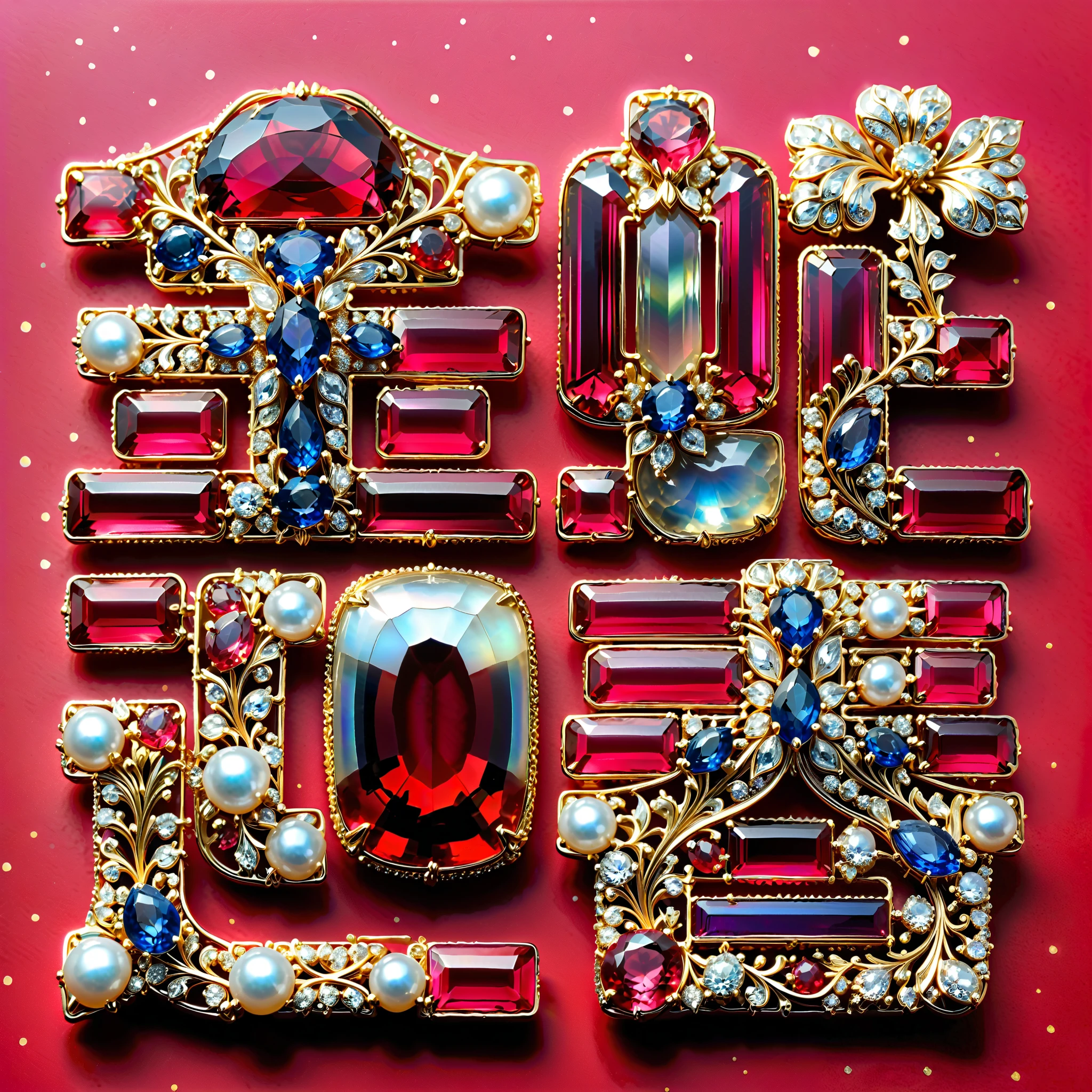 masterpiece. exquisite brooch , Depicts a red Malagasy tourmaline , precious gemstone . Exquisite craftsmanship . high quality . excellent improvement . (( super detailed )). Table decoration , and beautifully decorated mother-of-pearl jewels , opal, ruby. lapis lazuli. masterpiece hors norme. A gorgeous and authentic . ultra-realistic .. (( red background ))