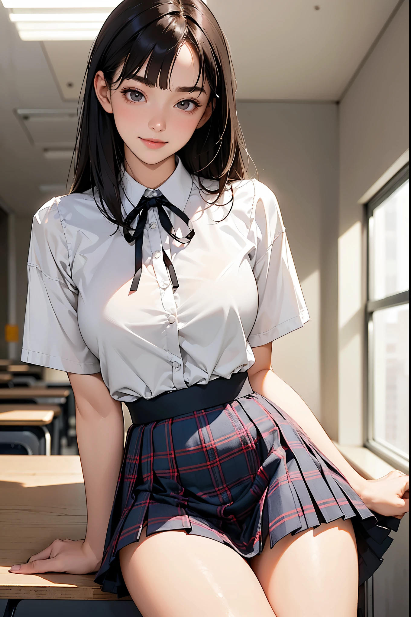 very cute and beautiful girl,(highly detailed beautiful face), (smile:1.2),happy,white blouse,ribbon,pleated plaid mini skirt, black hair,sitting,spread legs,white panties, wooden classroom,window,distant trees and town, (best quality,masterpiece:1.2),absurdres,highres,ultra-detailed,extremely detailed,32k,8k resolution, intricate details,cinematic scene,detailed background,solo,dynamic angle,