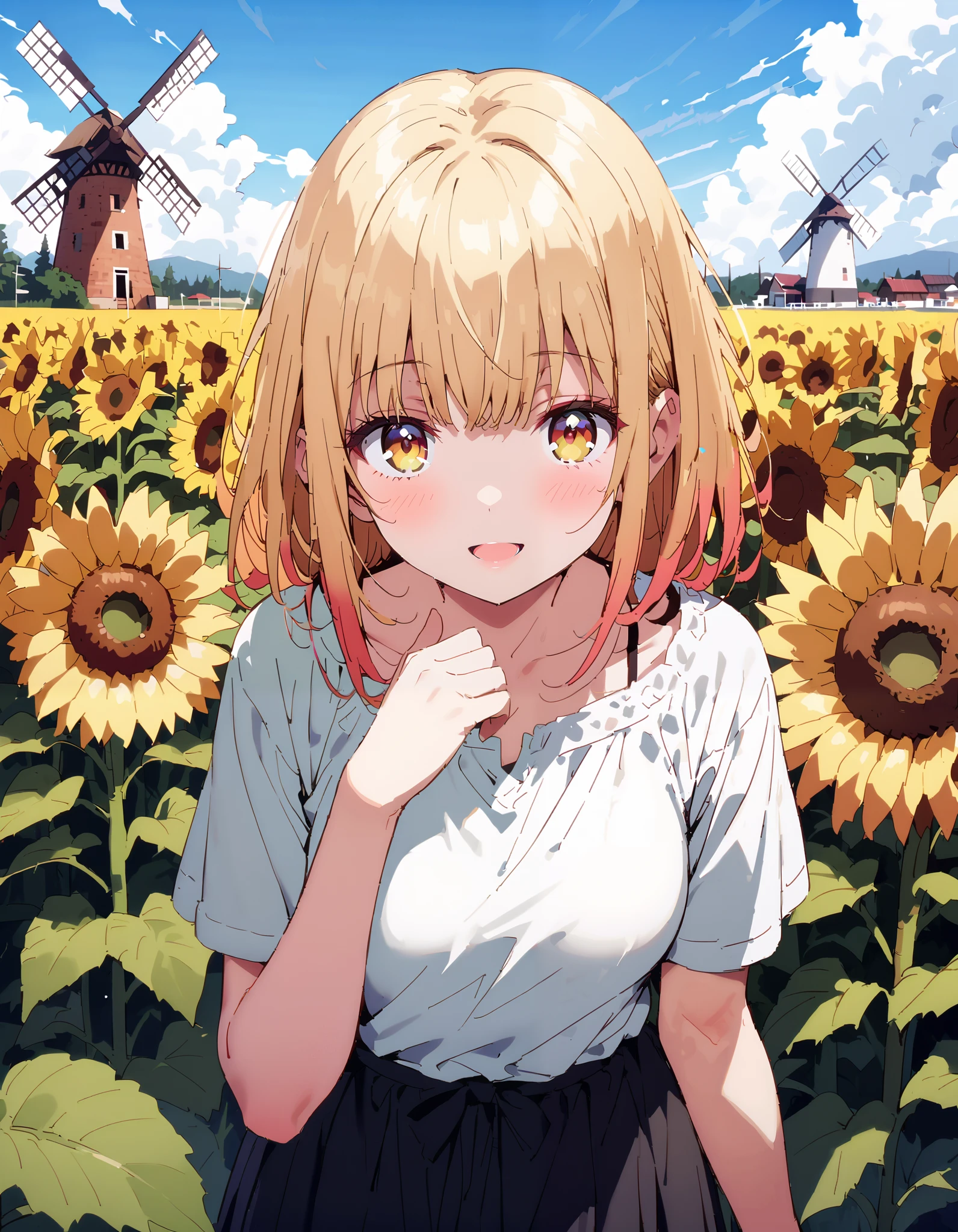 It's so dizzying, Mahiru Shiina,Alone, bangs, blonde hair, Hair, with red eyes,smile,blush, open their mouths, half up, straw hat,Medium breast, Off Shoulder Dress,Short sleeve, long skirt , Heeled Sandals, standing,whole bodyがイラストに入るように,
break looking at viewer,whole body,
break outdoors, Sunflower field, Compa,Large Lake,windmill,
break (masterpiece:1.2), top quality , kampala,unity 8k 壁紙,(shape:0.8),( fine, beautiful eyes :1.6),It's a person ,whole body写真,CG Details , ( perfect hand, complete anatomy),