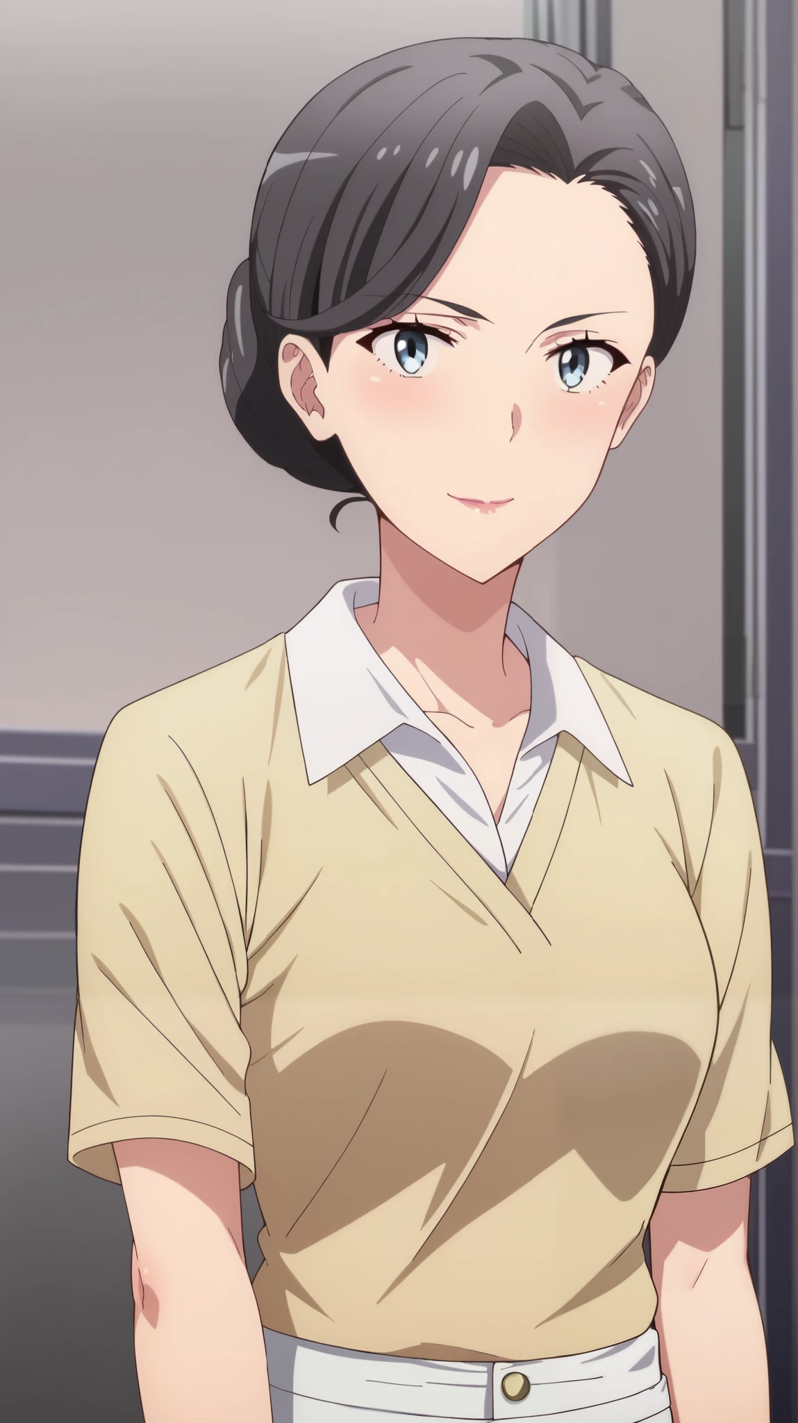 score_9, score_8_up, score_7_up, High Resolution, Accurate, Detail, High Details, Super Detailed, UHD, source_anime, highly detailed, best quality, masterpiece, 1girl, solo, mother yukinoshita, short hair, blue eyes, black hair, hair bun, single hair bun, hair up, blushing, embarassed_face, smiling, closed mouth, yellow shirt, short sleeves, collared shirt, red jacket, large breast, white hotpants, outdoors, basketcourt, looking at viewer, side angle, cowboy shot, CONCEPT_irezumi_YakuzaTattoo_ownwaifu