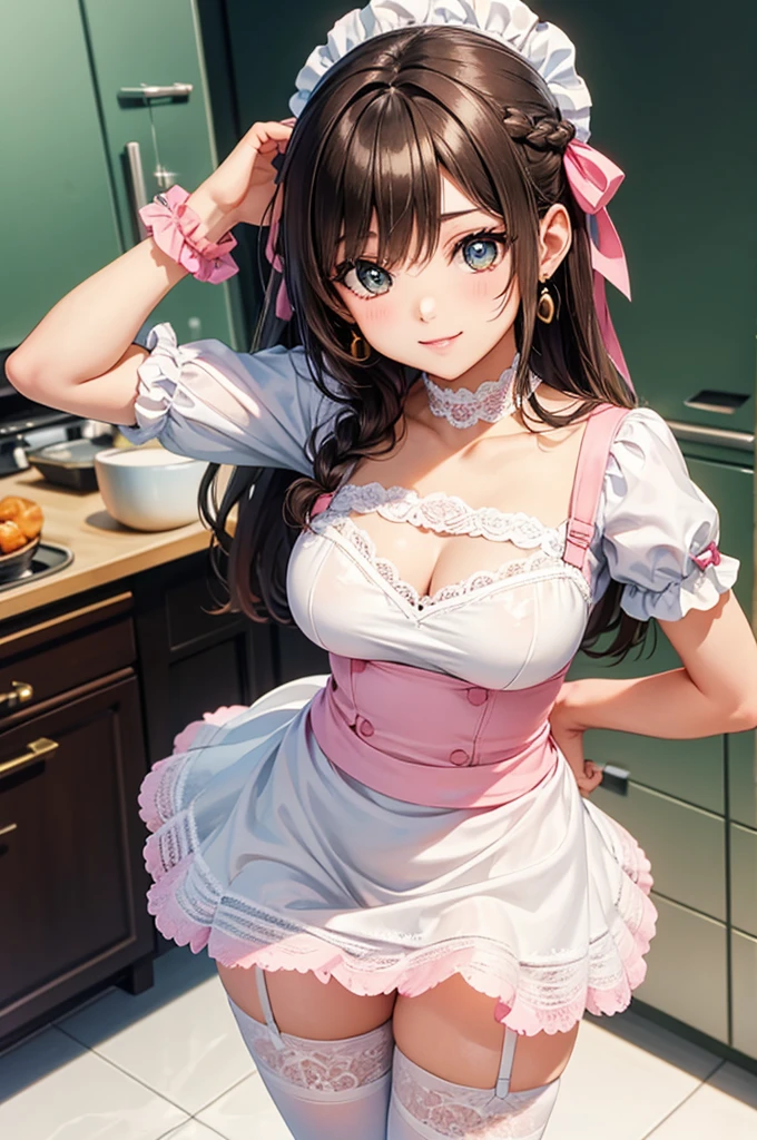 ((((highest quality)))), (((Ultra-precision CG 16K))), (((masterpiece))), (((Very detailed))), (((Extremely detailed))), (((Black outline:1.3, Written boundary depth:1.3 , Written soft outline))), Blur, Bokeh, Maximum clarity and sharpness,Multilayer Texture, Surface Shading, Cinematic lighting, Beautiful details sparkle ,Perfect Proportions, Limited to three woman, BREAK accurate, Anatomically correct, Highly detailed face and skin texture, drawn in detail, Highly detailed facial and skin texture, Detailed eyes, beautiful hair, Beautiful Japanese Idol face, Beautiful and beautiful eyes, Beautiful body, Beautiful breasts, Beautiful thighs, Beautiful legs, Beautiful fingers, (Beautiful views) , skinny body, ((Beautiful Skin)), ((Skin Texture)) BREAK breast enlarged, large Breasts, rocket breasts, slender waist, (blush, smiling:1.3,) BREAK (ruffle apron with no-bra, ) , wearing earrings, BREAK ((cooking in the kitchen ,  pot-au-feu boiling , has a ladle in hand , stick breast out),(serious, from side:1.5, from below, bust up, cowboy shot),