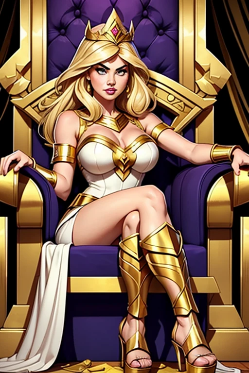 Thin woman, age 25, 4K (High definition), thoughtful, seducing gaze, greeneyes, wearing a tiara and a royal dress (gray and gold) with a boat neckline and long sleeves, choker on the neck, brown belt, Caucasian skin, long blonde hair, sitting in a chair, full of curves with freckles across her chest and neck. Marvel style high quality, white background.