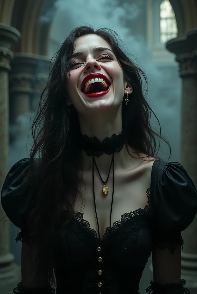 (Vampire:1.5), (canine teeth:1), (fangs:1.5), (red irises:1), (sabertooth:1), beautiful evil, dramatic lighting, highest quality, Cinematic film still, (attractive Anne Bonny), dark atmosphere, toned body, (ripped clothing:0.8), perfect face, looking at viewer, (detailed skin), (freckles:1) (storm clouds:0.7), (stormy weather:0.5), dull, natural lighting, (direct light:0.4), 8mm film grain, photographed on a Sony a9 II, 24mm lens, F/2.8 aperture, deep focus, (RAW), 8k, (still from The Lost night), (sfw:1), (Victorian dress:1.3), layered clothing, corset, (big breasts:1), red velvet, white blouse, full body, action pose, dynamic pose, (noble dress:1)