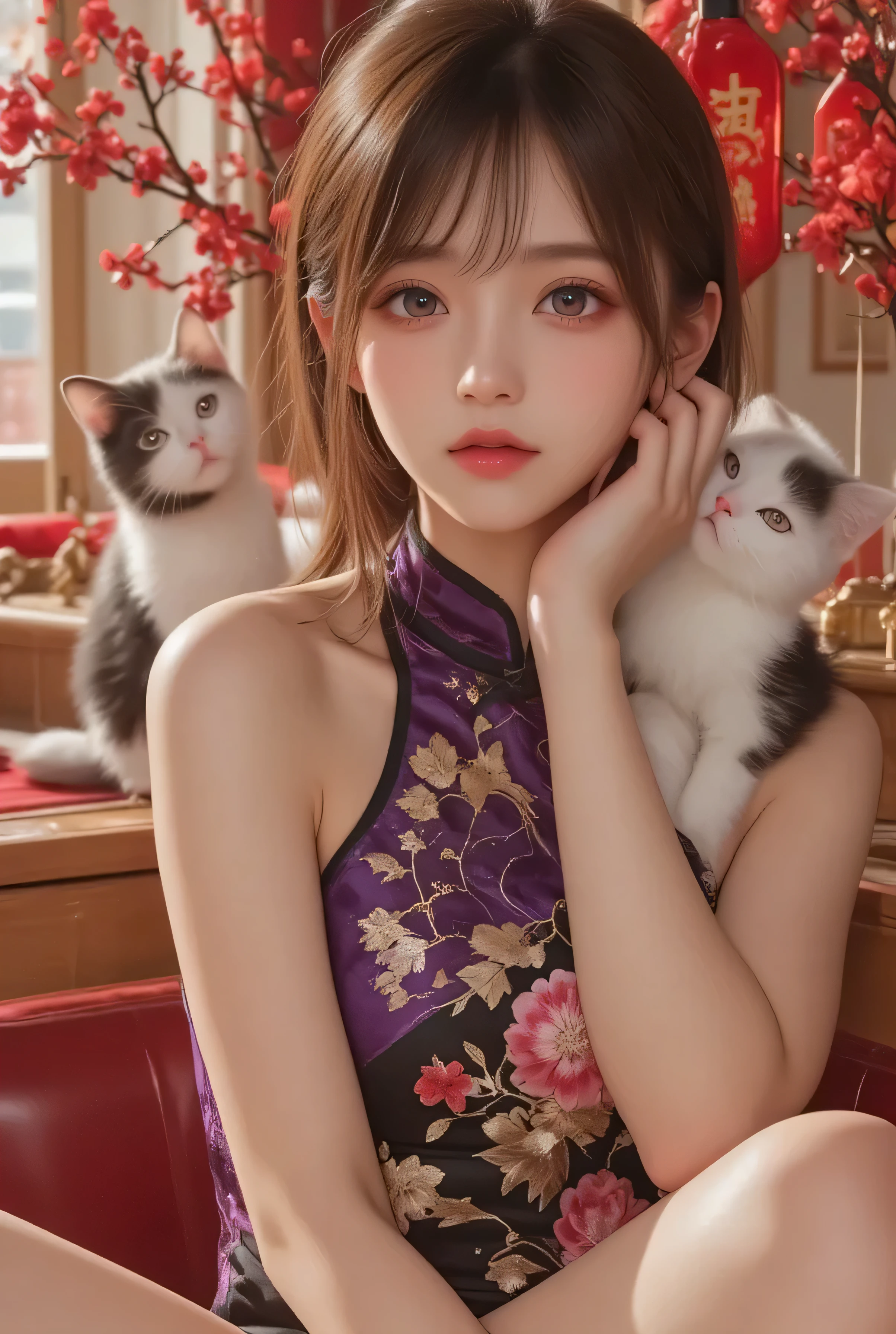 Cat ears、 face up、((( Lying in Bed))) attractive, pretty girl, ponytail、 (( fine facial features , eroticism)), dramatic lighting , realistic , 8k, Dramatic Shadows , intricate and elaborate patterns , super detailed photo , chiaroscuro lighting , Pleasant colors , deep contrast , super real 、 pink lipstick、 warm room、Vintage Fireplace 、 cinematic composition、Close-up of face, A beautiful Korean idol wearing a purple-pink-black sexy short cheongsam with golden or silver intricate floral embroidery, standing gracefully in a room filled with traditional Chinese New Year decorations. The room features vibrant red lanterns, decorative calligraphy scrolls, a small Chinese orange tree with golden ornaments, and several red envelopes scattered across the floor and hanging from the tree. Adorable, playful cats are part of the scene—some sitting near the tree, others curiously pawing at the red envelopes or lounging around. Through a window or an open door in the background, vibrant Chinese fireworks light up the night sky in an array of reds, golds, and blues, casting a magical glow into the room. The idol’s outfit is paired with subtle accessories like red hairpins or earrings, complementing the festive look. The atmosphere is warm and lively, filled with the joyful essence of the celebration, enhanced by the shimmering lights of the fireworks and the lively decor.
